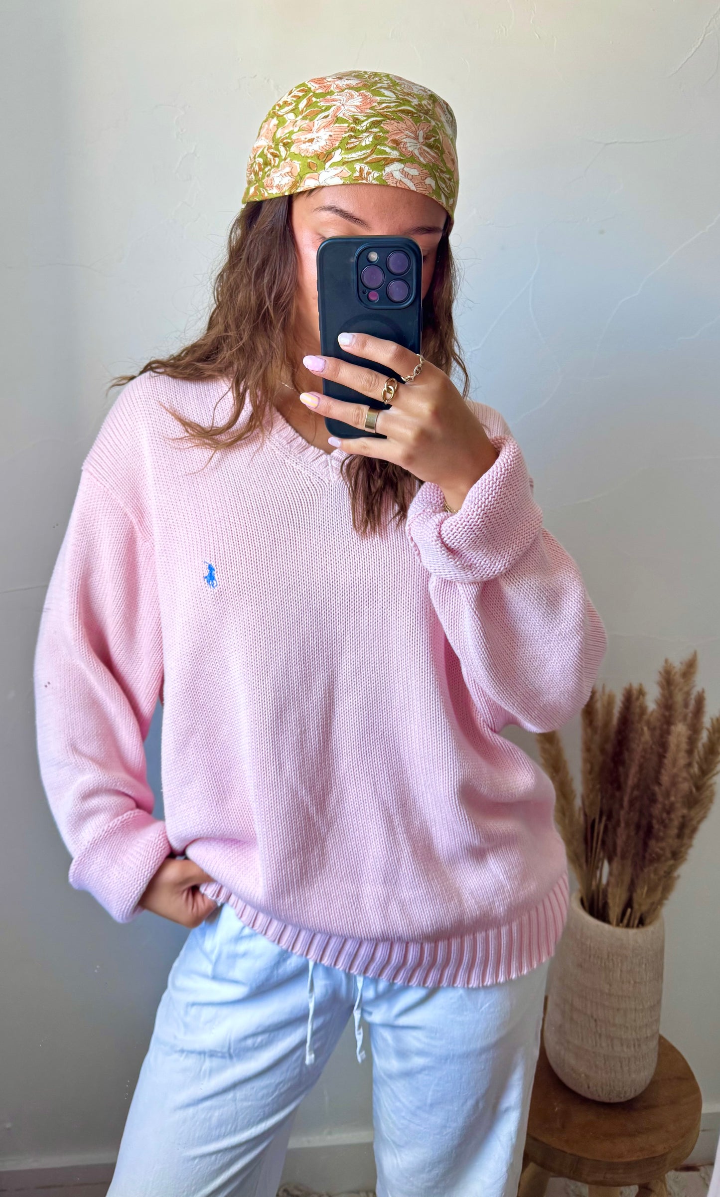 Pull col V rose pastel Ralph Lauren - L/XL
