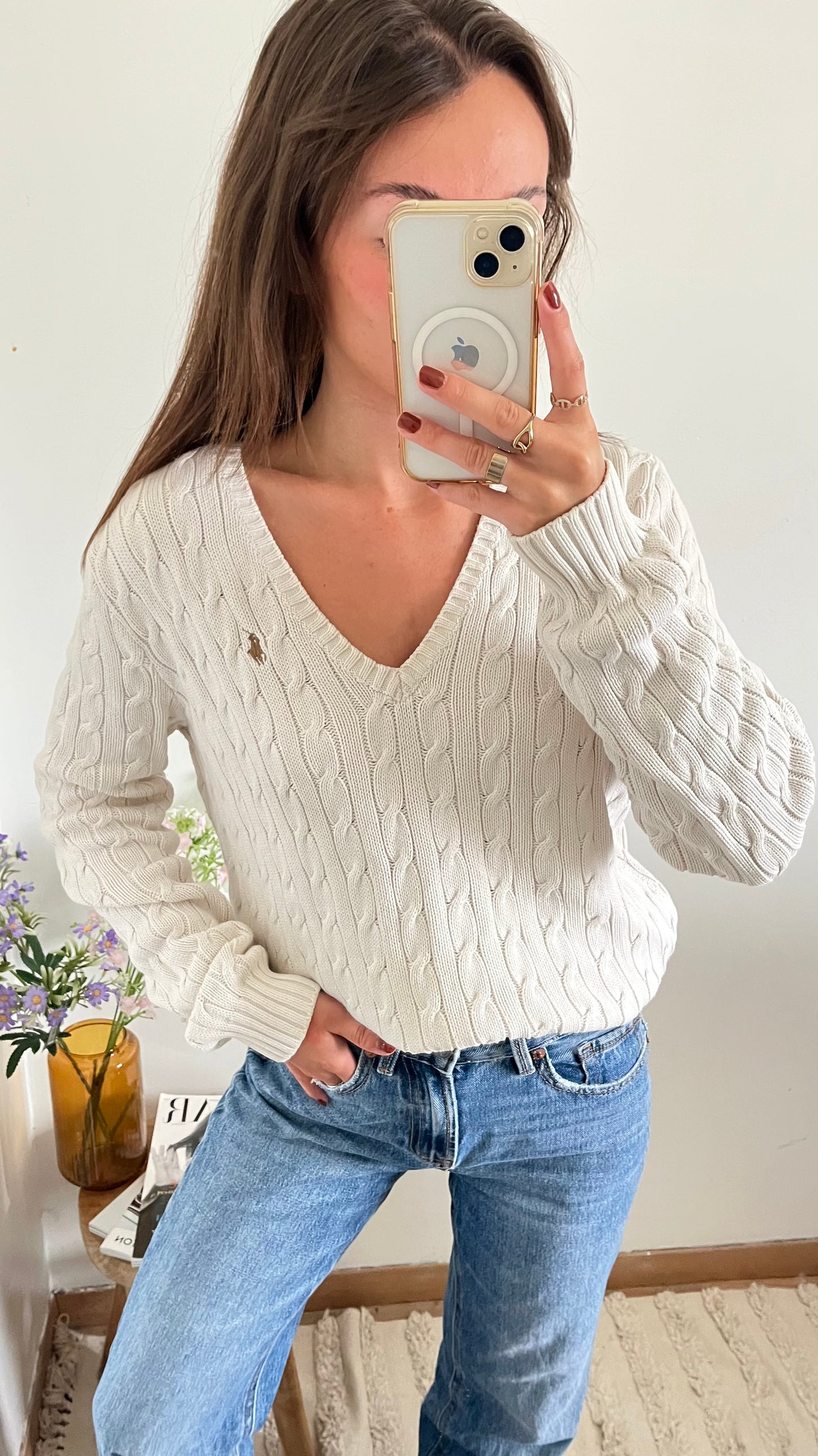 Pull col V torsadé blanc Ralph Lauren - L/XL