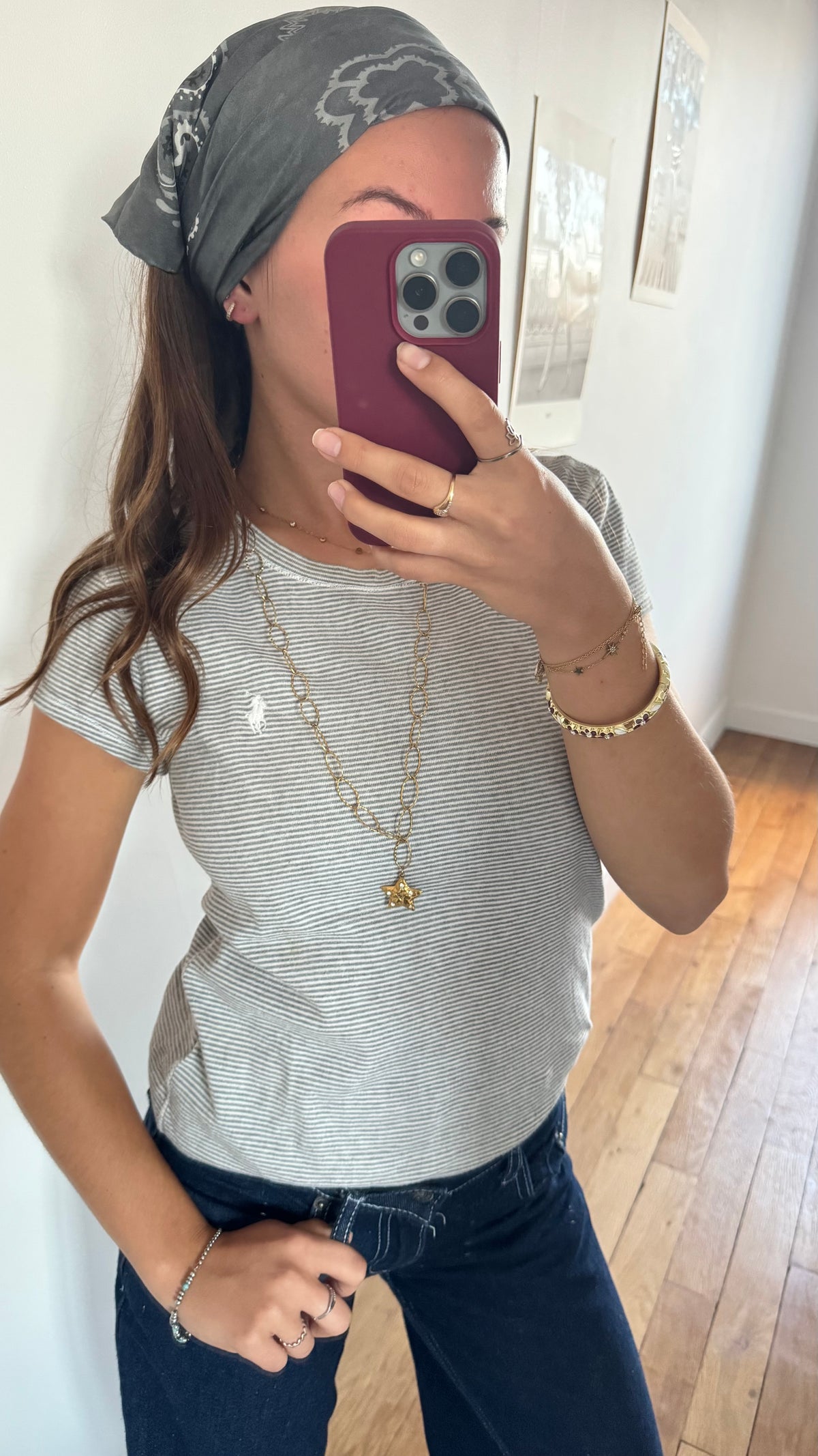 T-shirt gris rayé Ralph Lauren - M