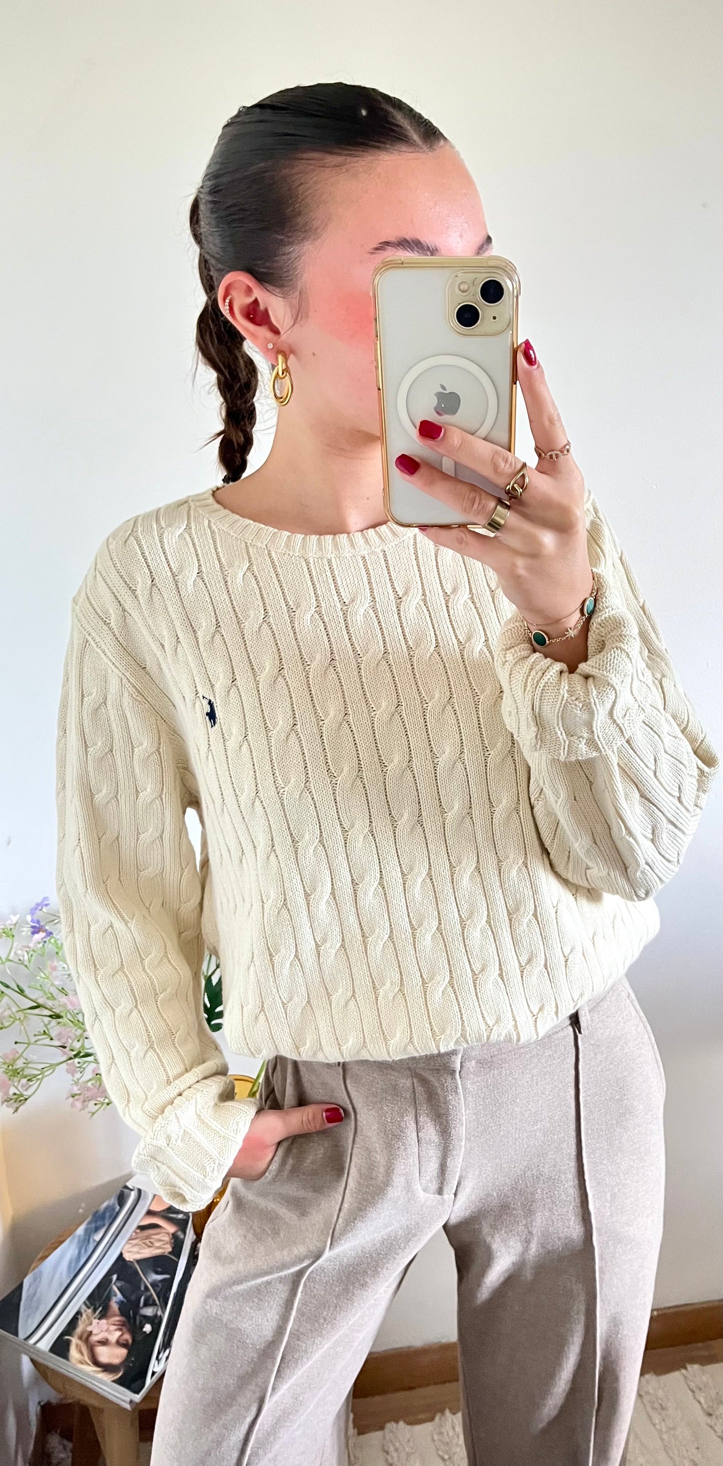 Pull col rond torsadé crème Ralph Lauren - L femme / M homme