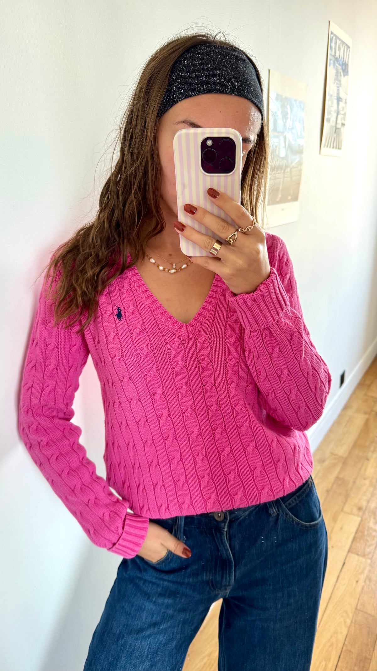 Pull col V torsadé rose Ralph Lauren - M