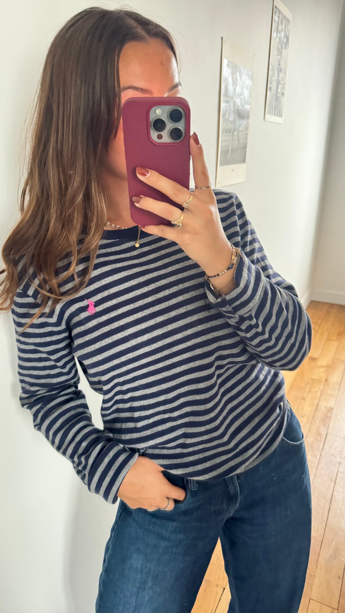 Pull col rond rayé gris Ralph Lauren - L