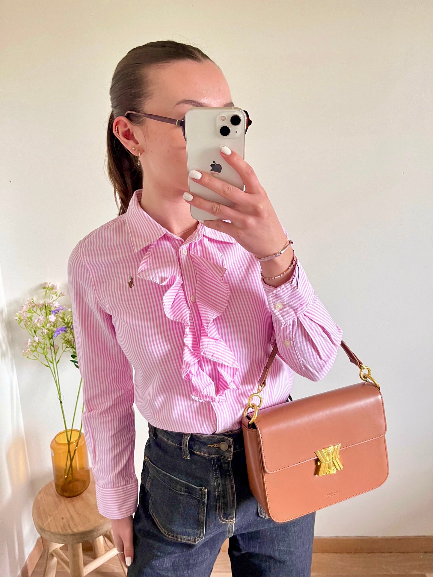 Chemise à froufrous rayée rose Ralph Lauren - S