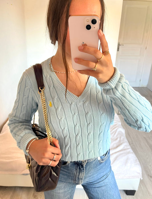 Pull torsadé col V bleu ciel Ralph Lauren - M