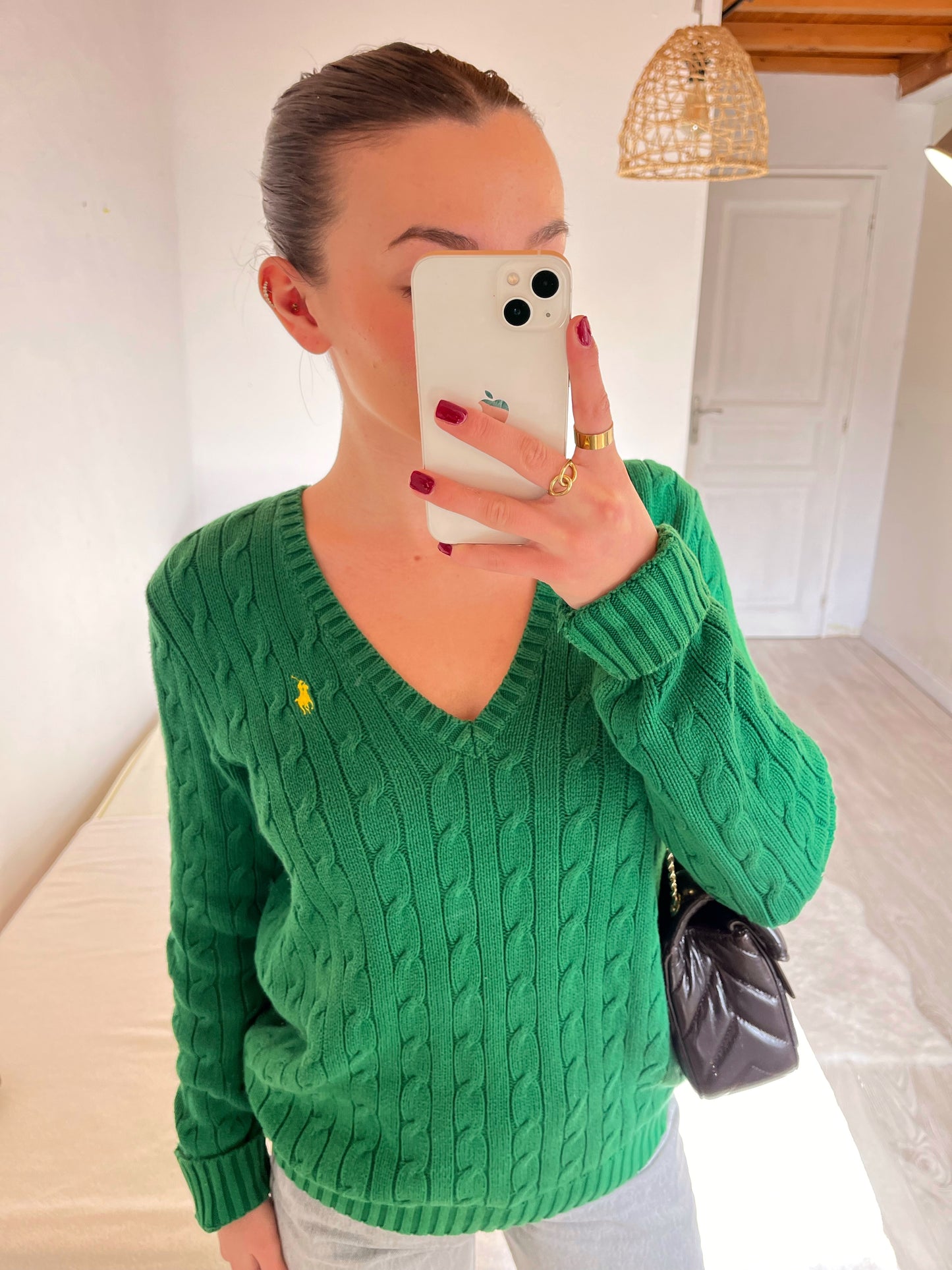 Pull torsadé col V vert Ralph Lauren - M