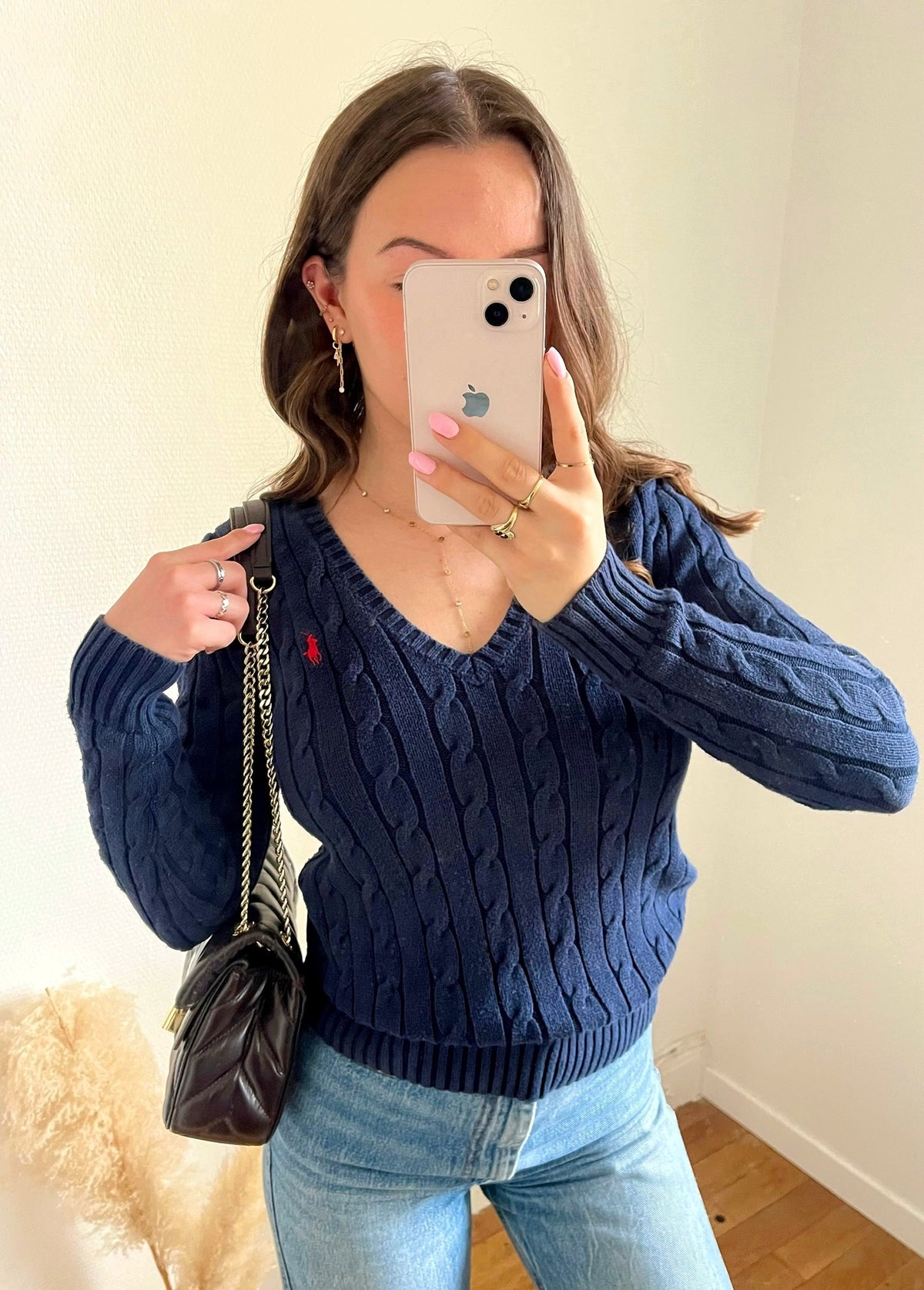 Pull torsadé col V bleu marine Ralph bleu - S
