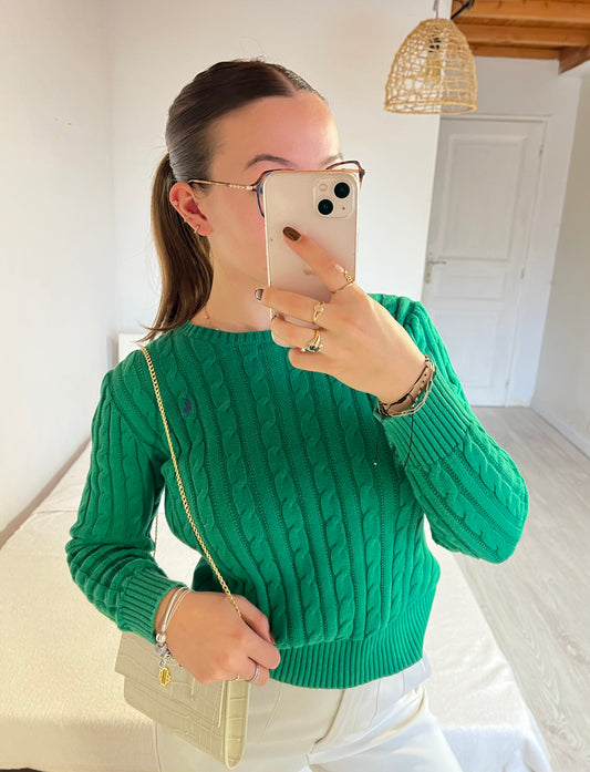 Pull torsadé col rond vert - S