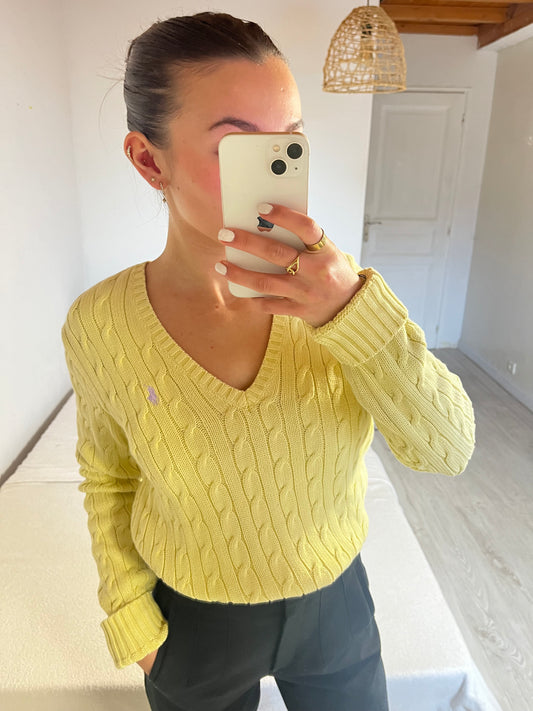 Pull torsadé col V jaune pastel Ralph Lauren - L