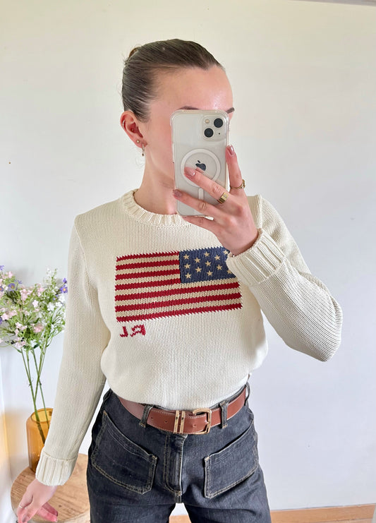 Pull blanc col rond American Flag Ralph Lauren - M