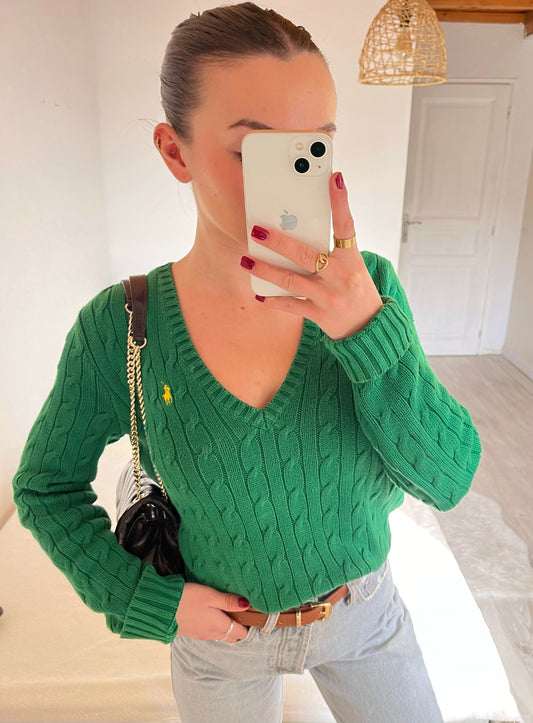 Pull torsadé col V vert Ralph Lauren - M