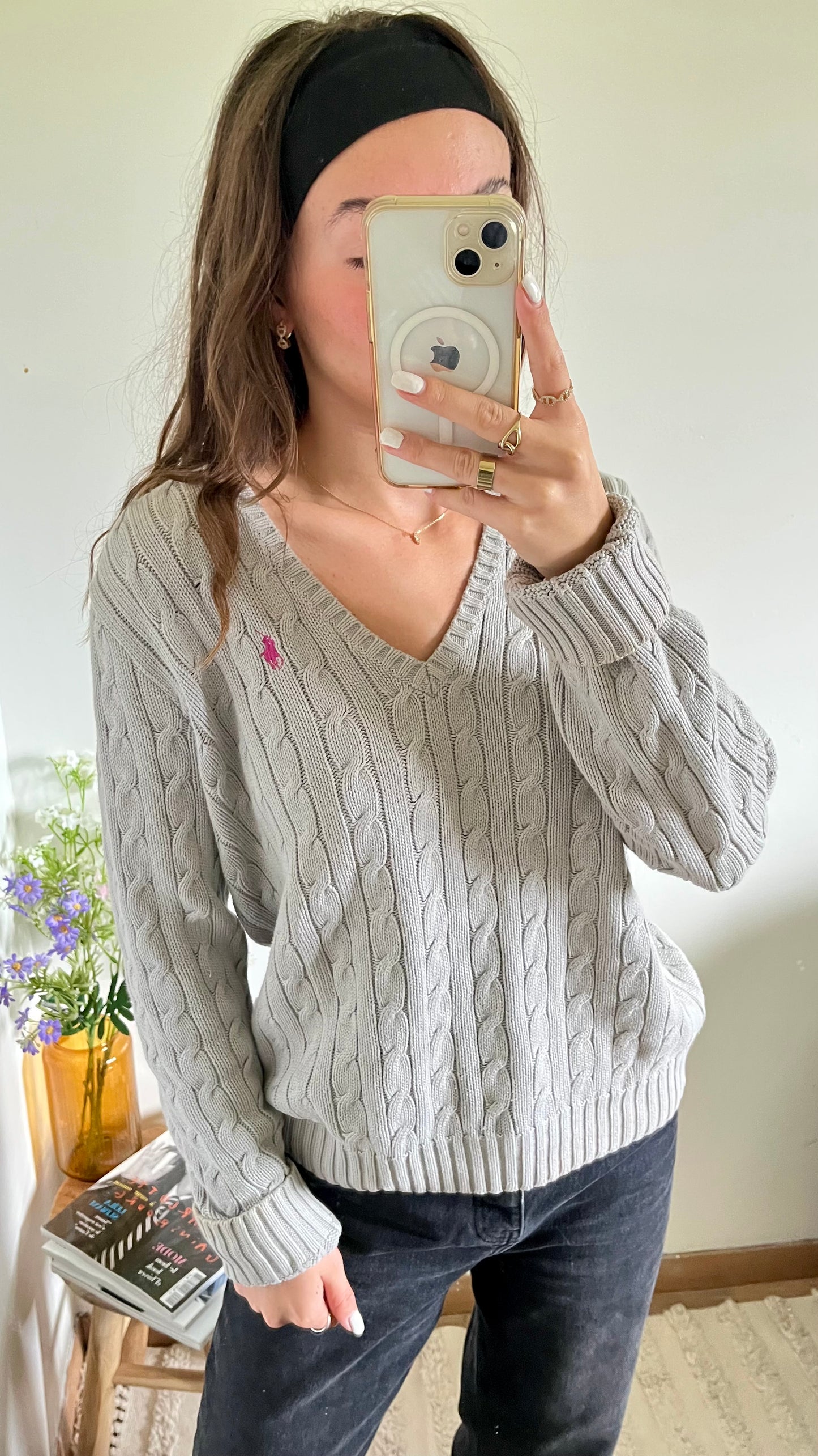 Pull col V torsadé gris Ralph Lauren - L