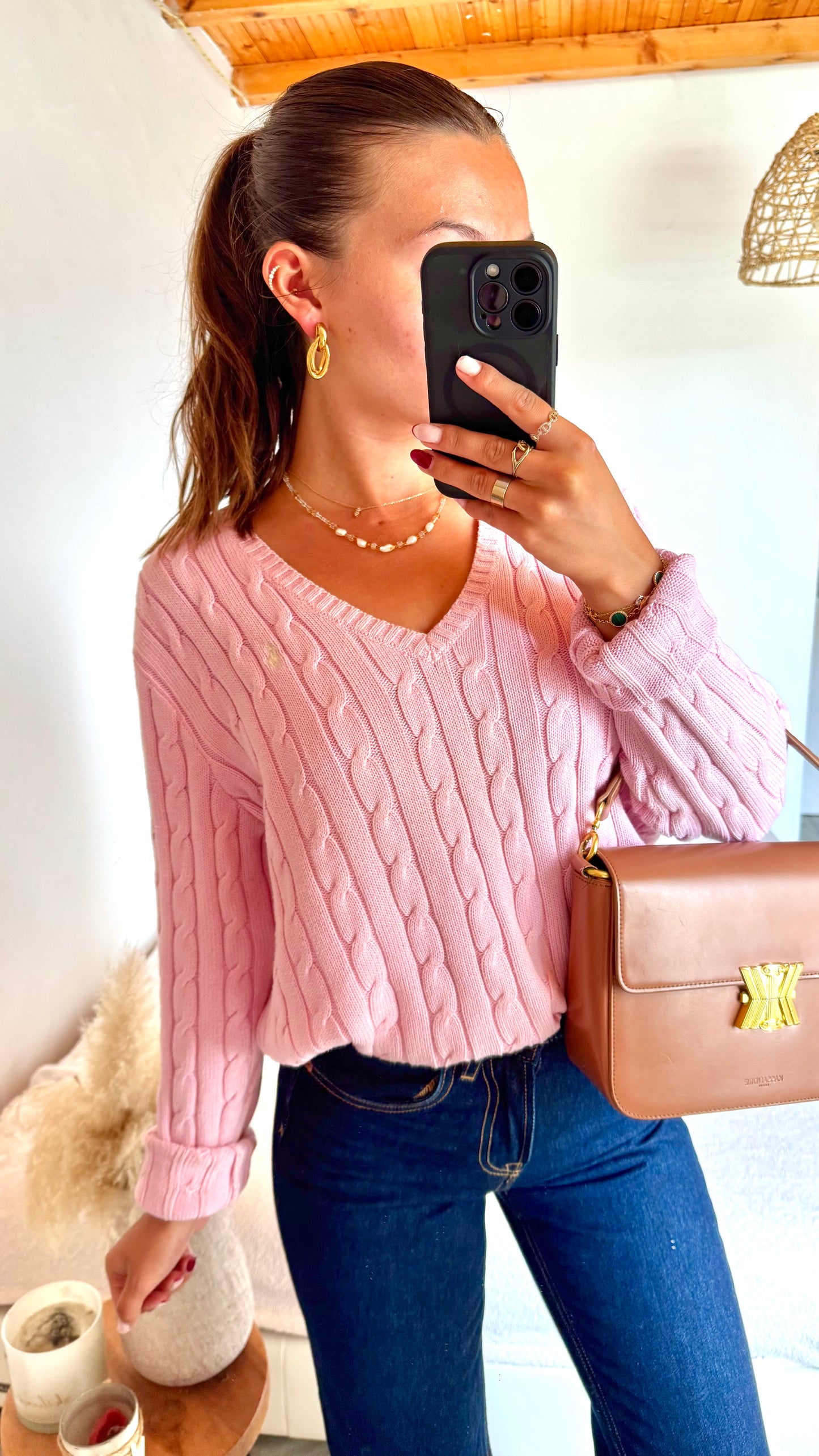 Pull torsadé rose pastel Ralph Lauren - L
