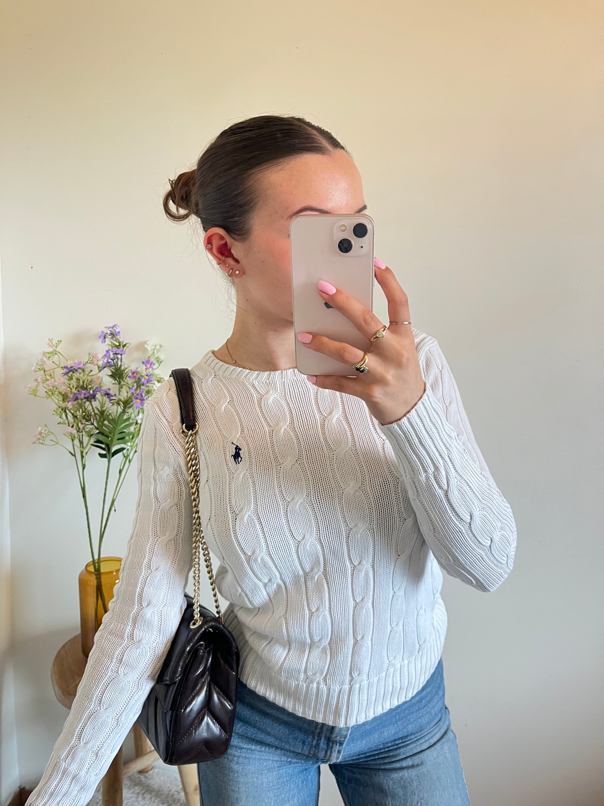 Pull torsadé blanc col rond Ralph Lauren - XS.