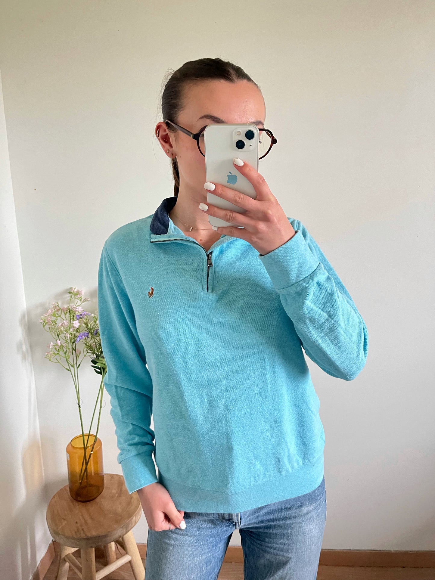 Pull demi-zip bleu turquoise Ralph Lauren - S