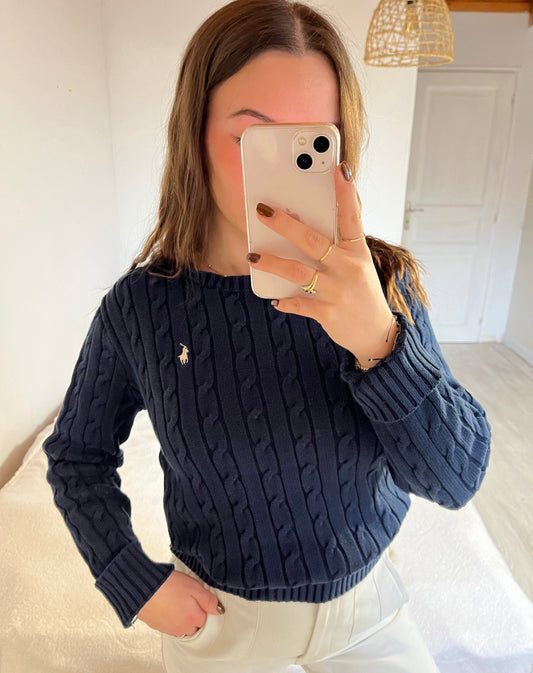 Pull torsadé col rond bleu marine Ralph Lauren - L