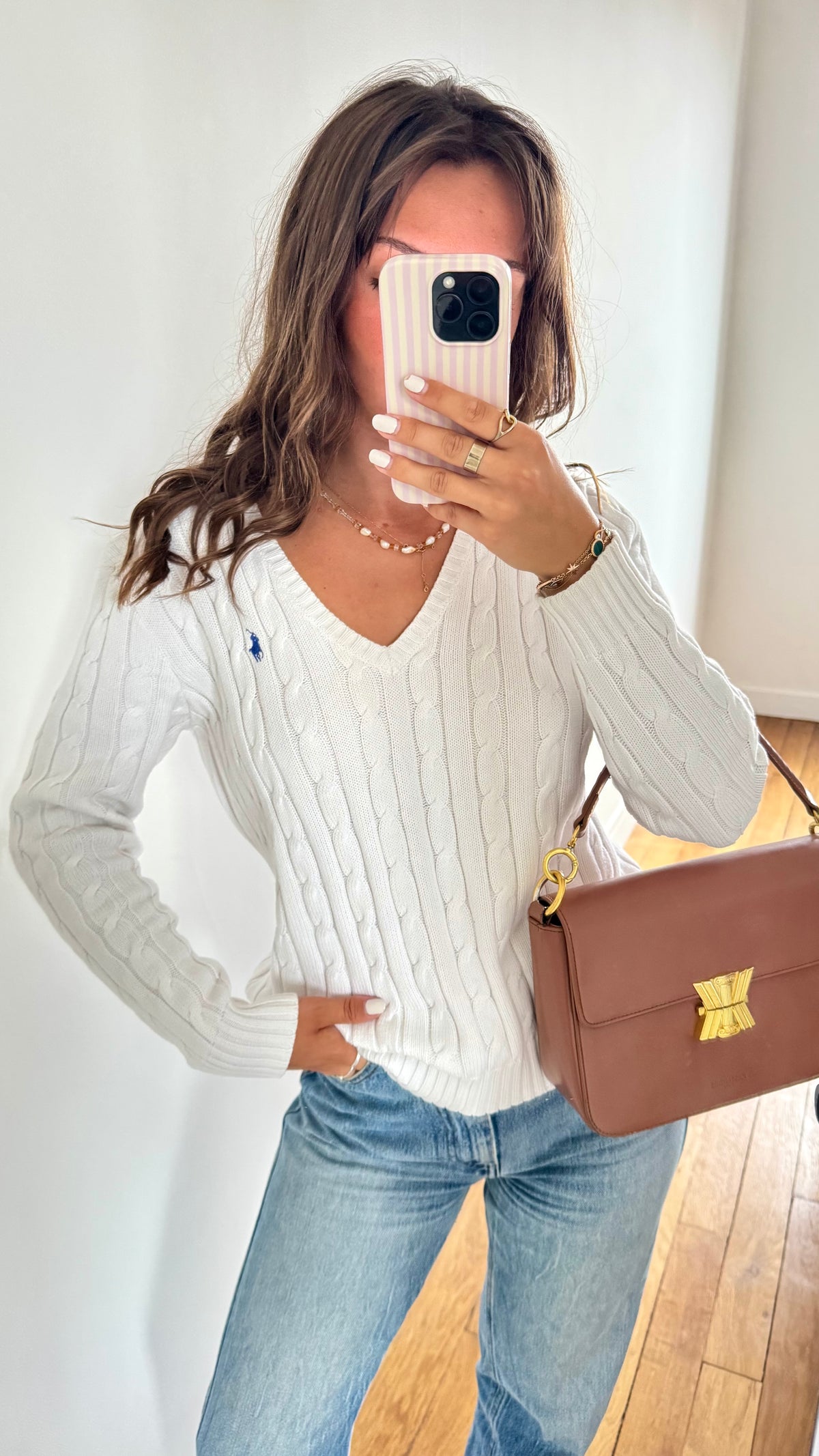 Pull col V torsadé blanc Ralph Lauren - M