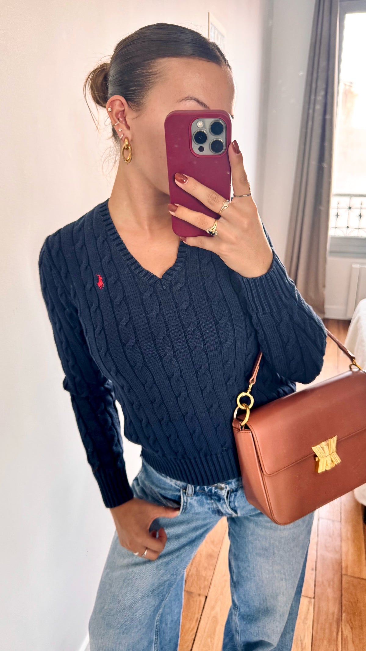 Pull torsadé col V bleu marine Ralph bleu - S