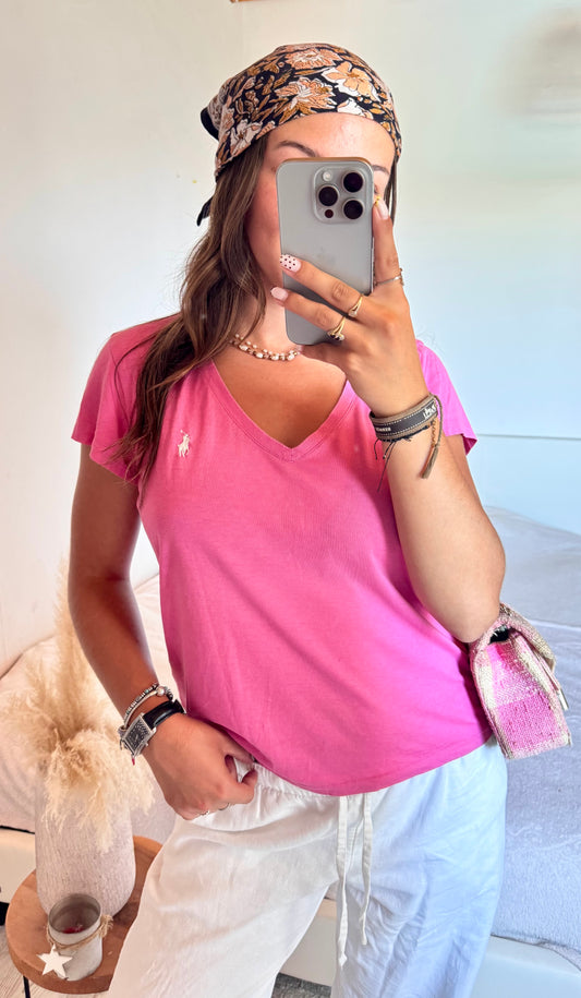 T-shirt rose col V Ralph Lauren - M