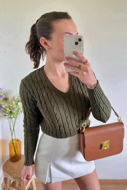 Pull col V torsadé kaki Ralph Lauren - S