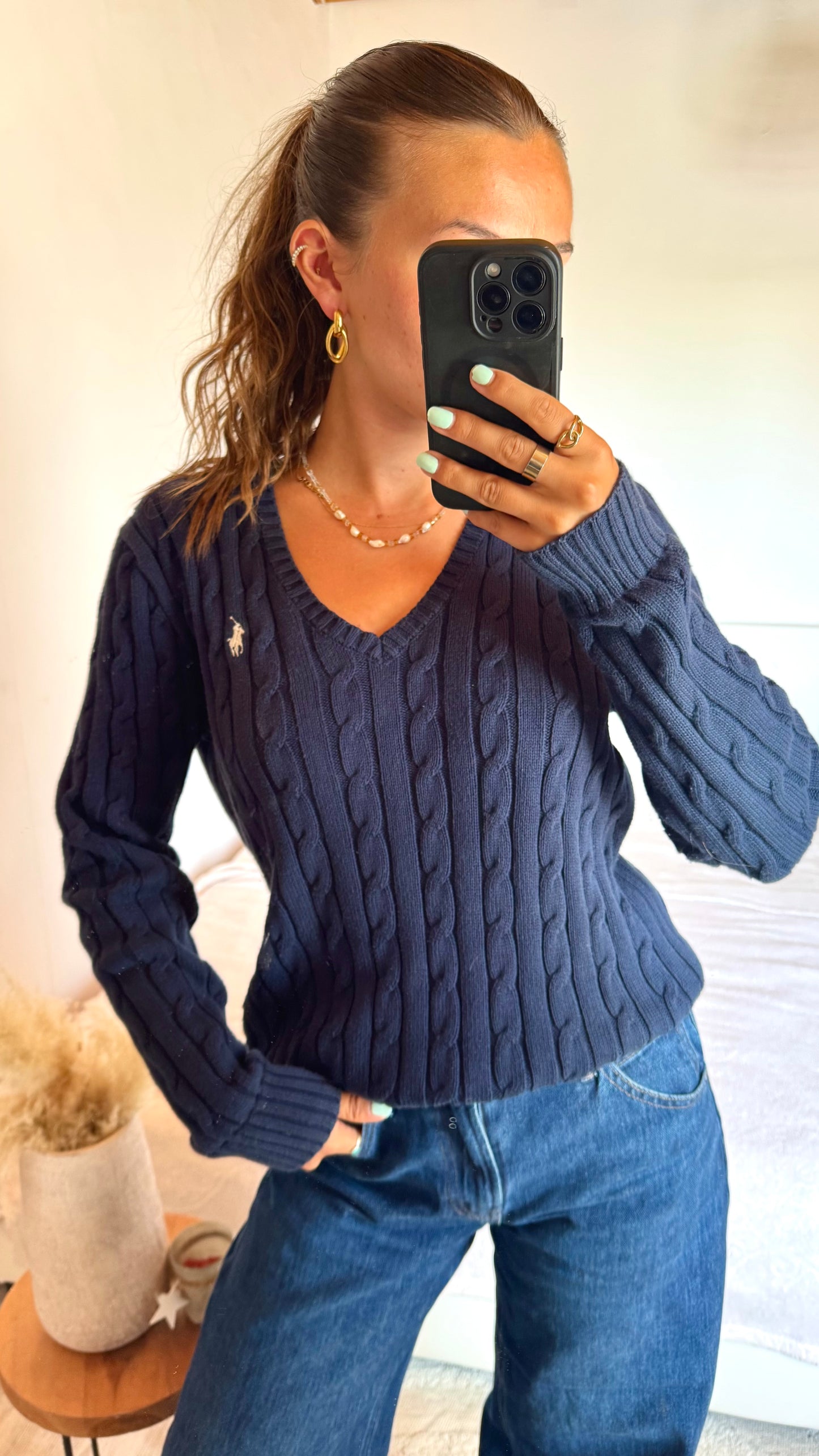 Pull torsadé col V bleu marine Ralph Lauren - M