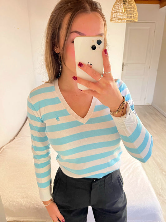 Pull col V à rayures bleu ciel Ralph Lauren - S