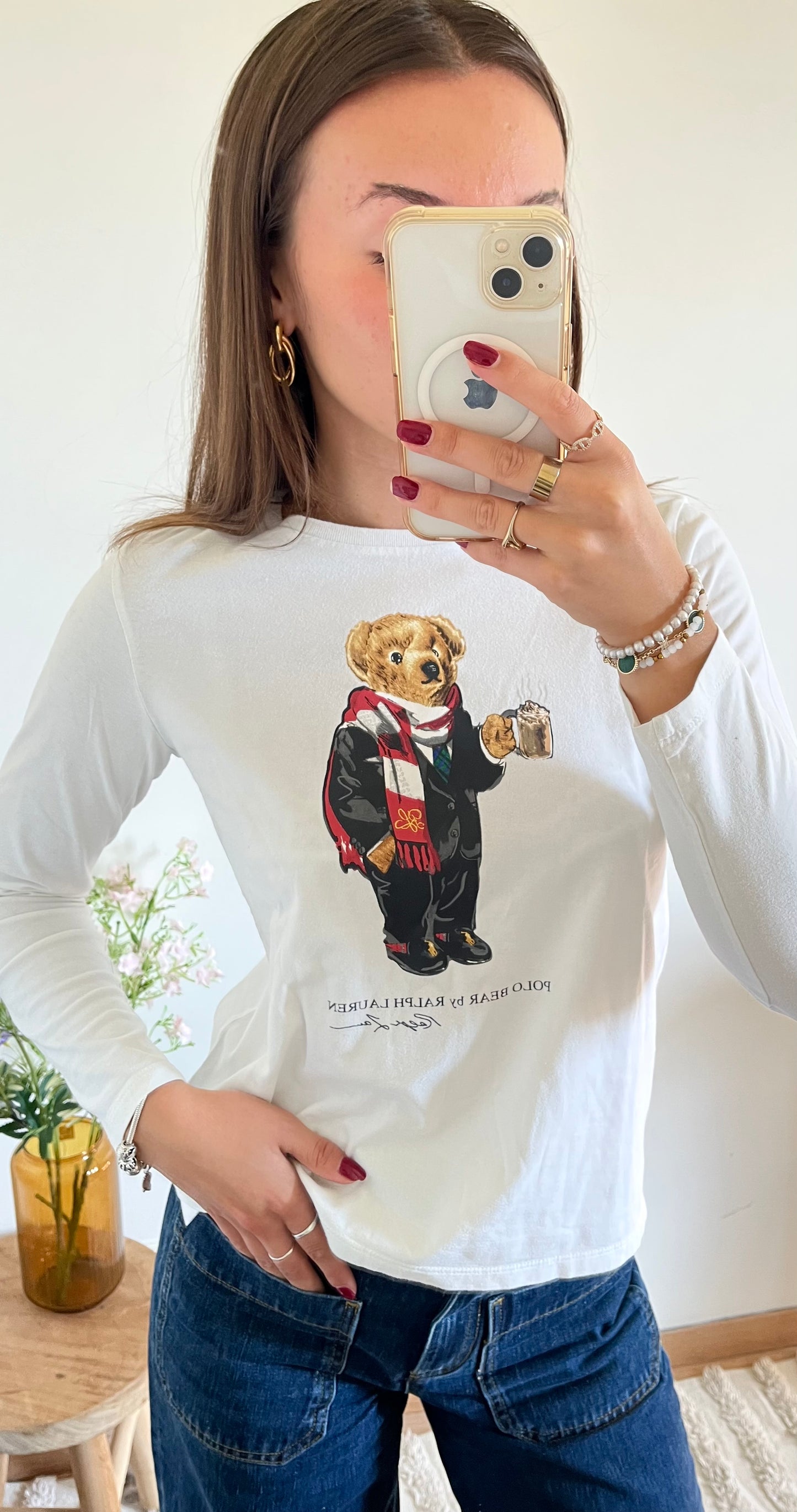 T-shirt manches longues blanc nounours - XS