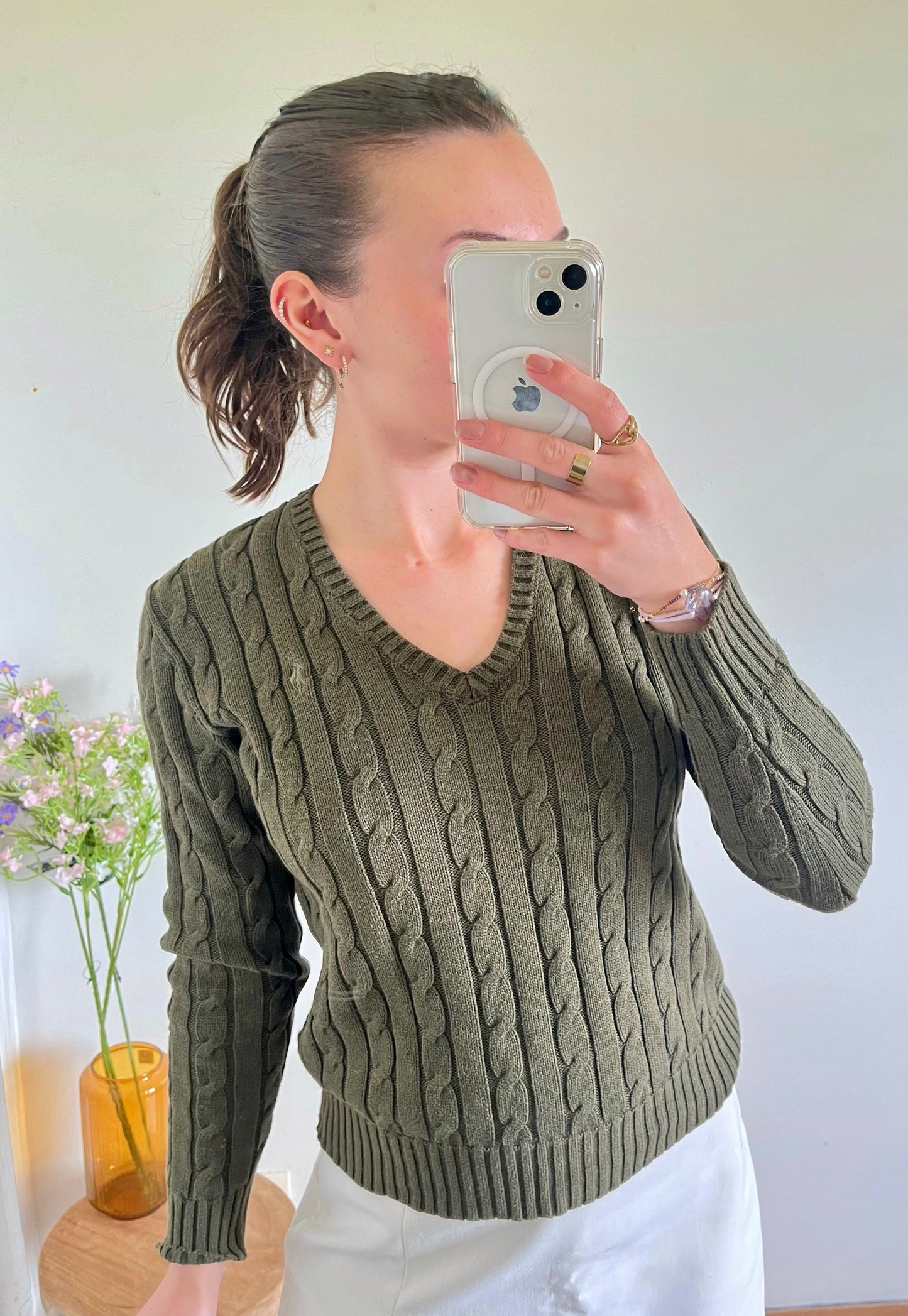 Pull col V torsadé kaki Ralph Lauren - S