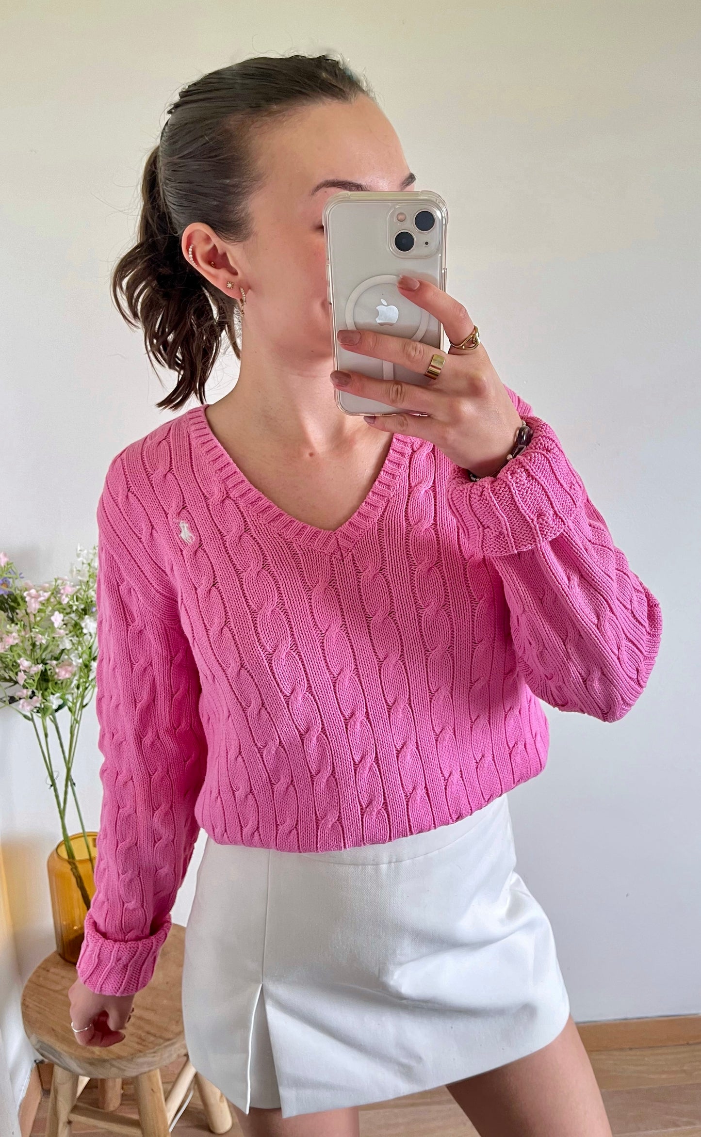 Pull col V torsadé rose Ralph Lauren - L