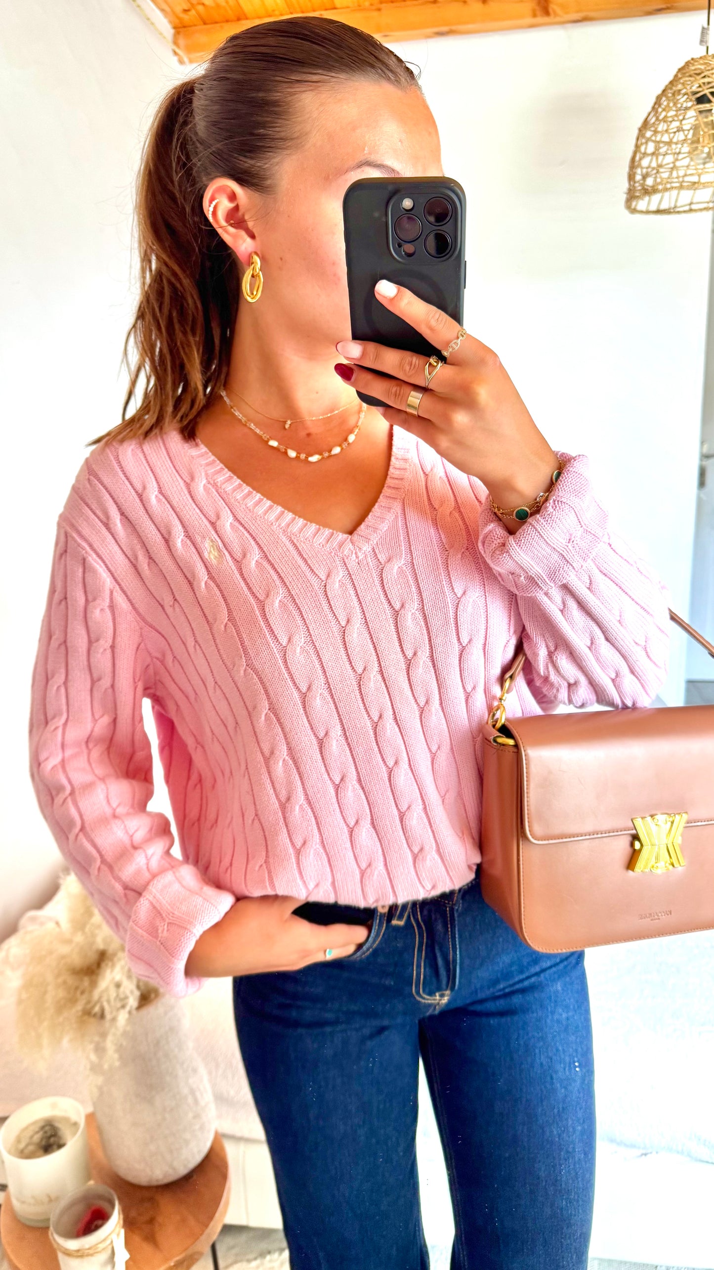 Pull torsadé rose pastel Ralph Lauren - L