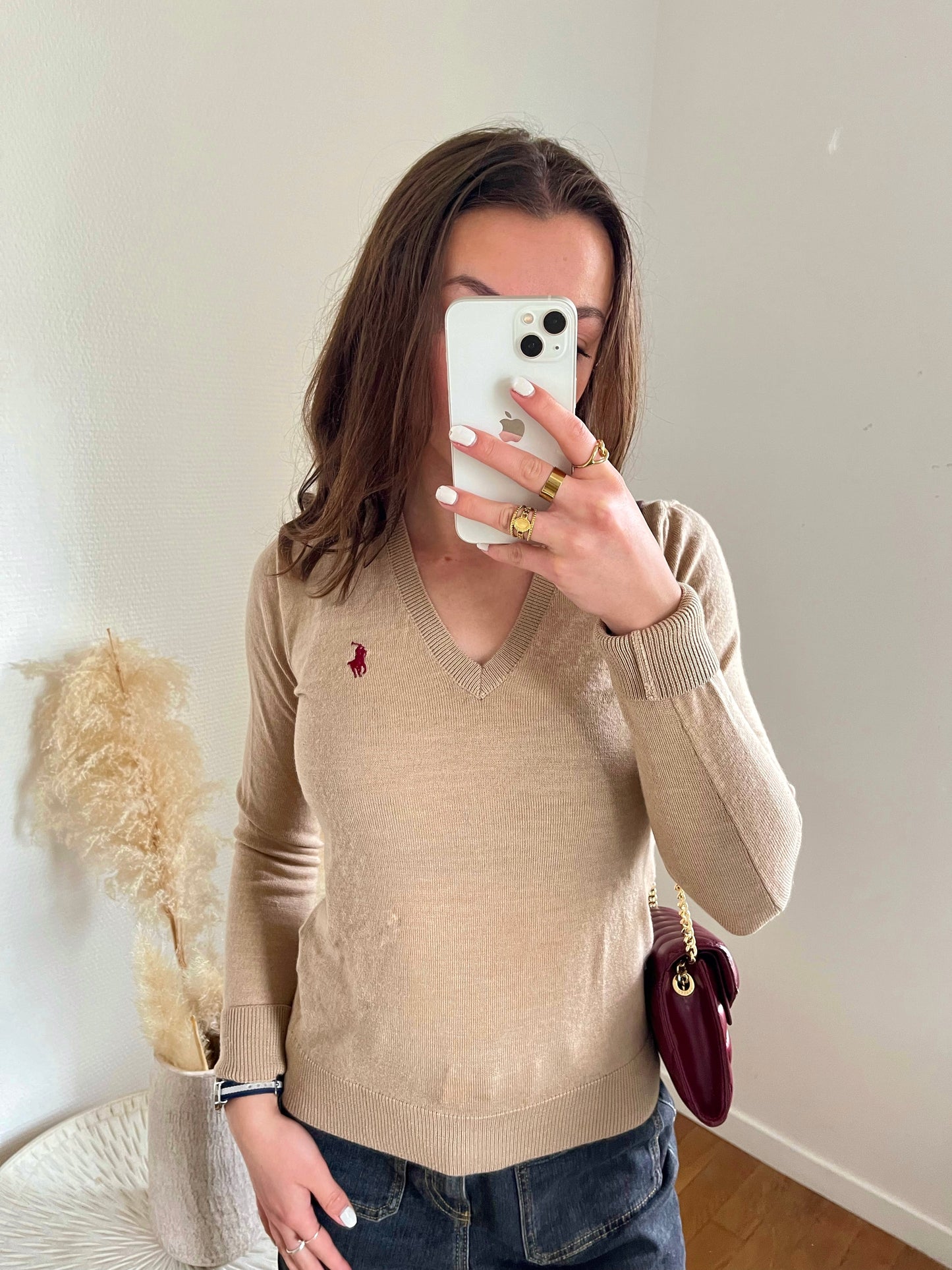 Pull col V beige laine de mérinos Ralph Lauren - S