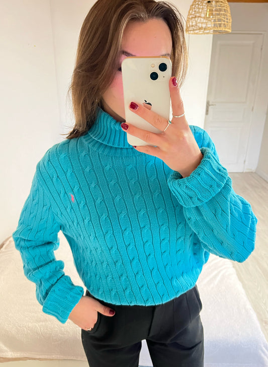 Pull torsadé col roulé turquoise Ralph Lauren - XL