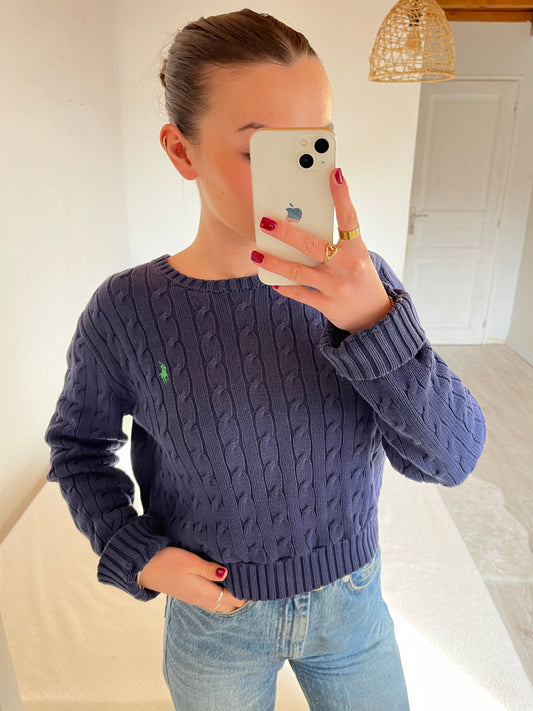Pull torsadé bleu marine customisé Ralph Lauren - S