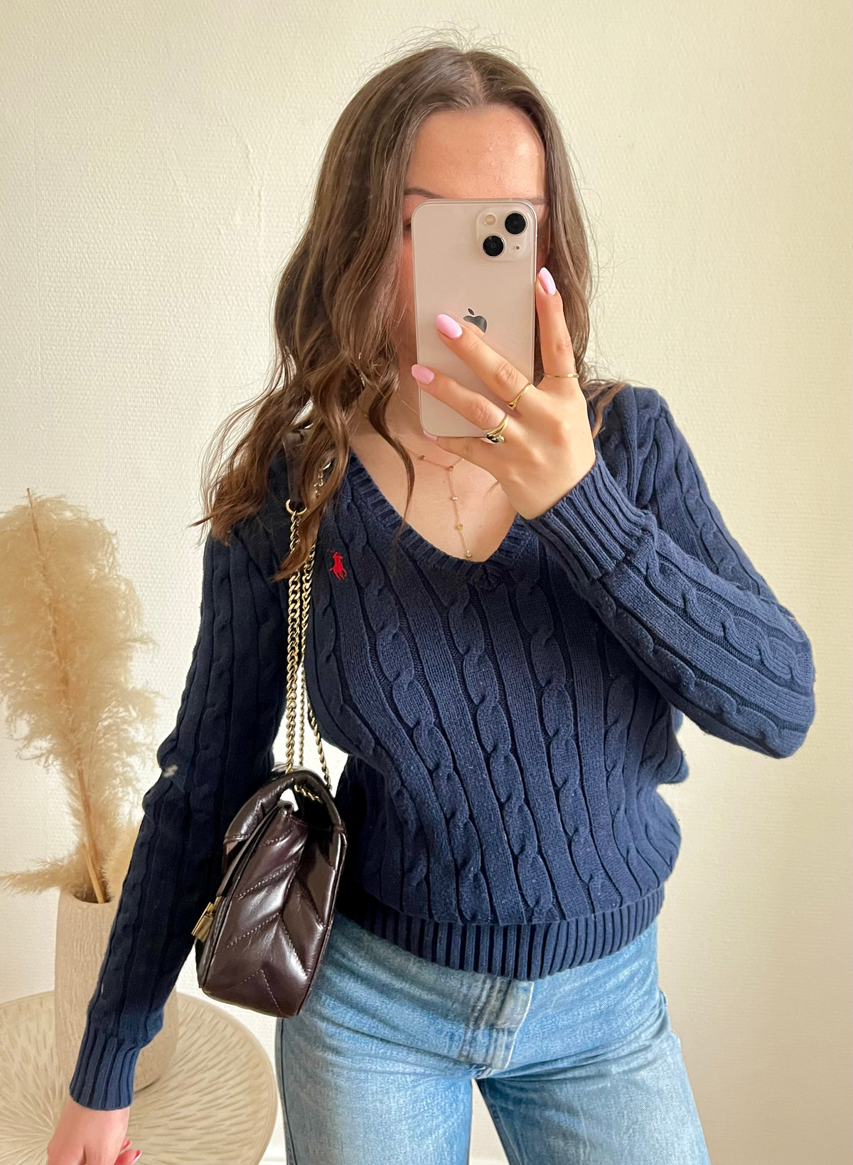 Pull torsadé col V bleu marine Ralph bleu - S