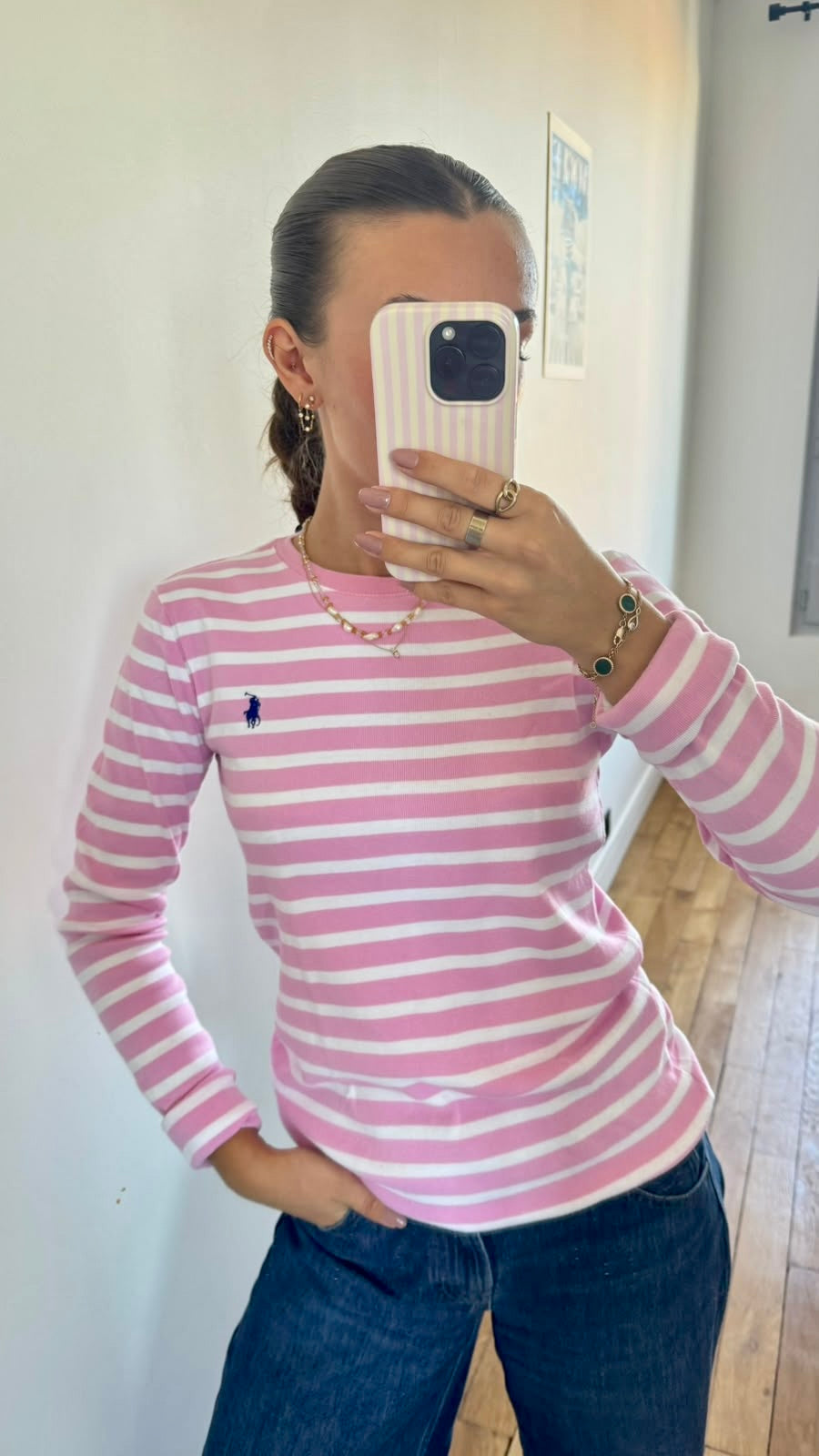 Pull col rond rayé rose Ralph Lauren - M