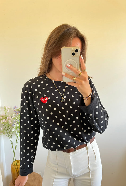 T-shirt manches longues noir à pois - L