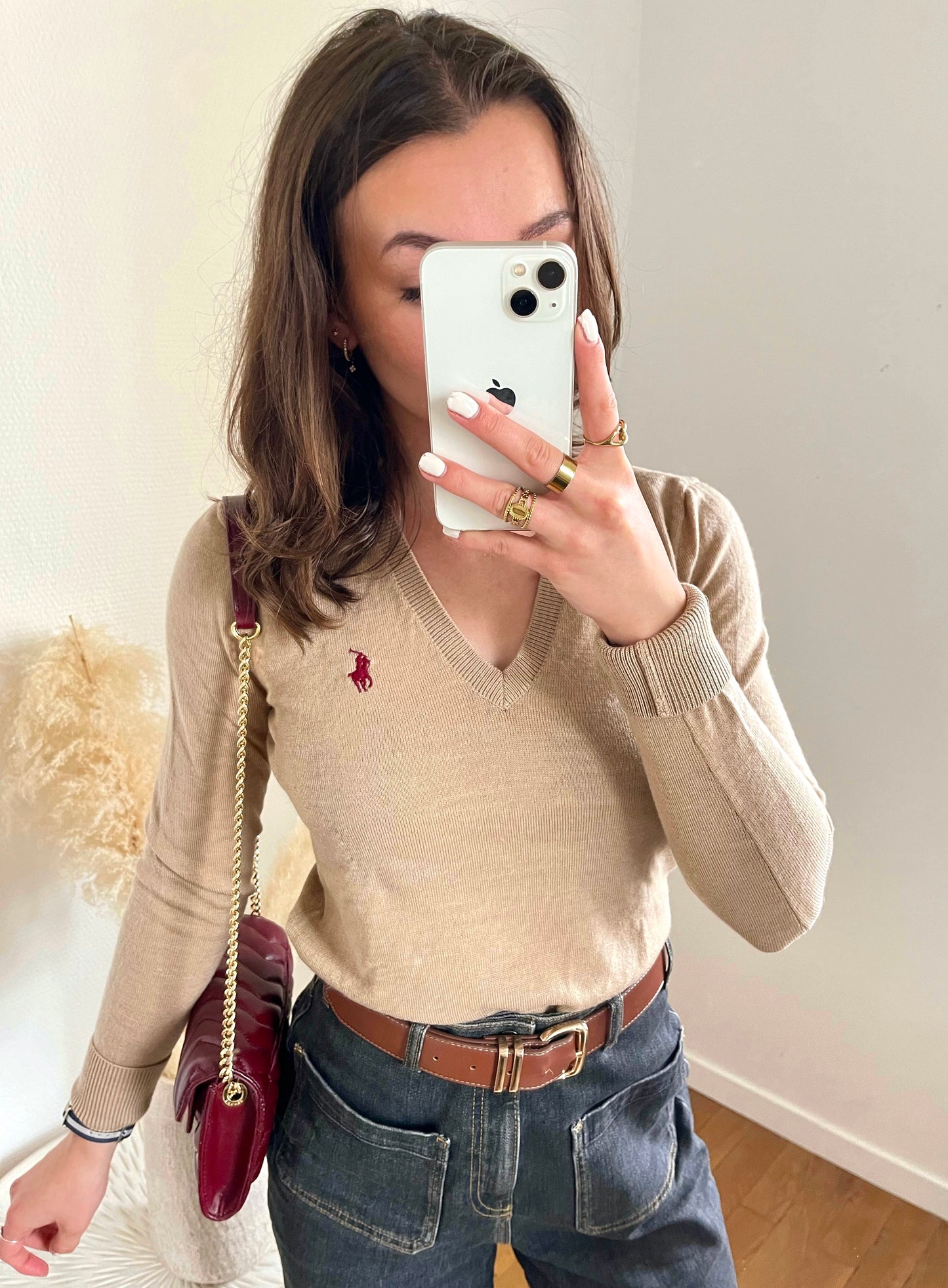Pull col V beige laine de mérinos Ralph Lauren - S