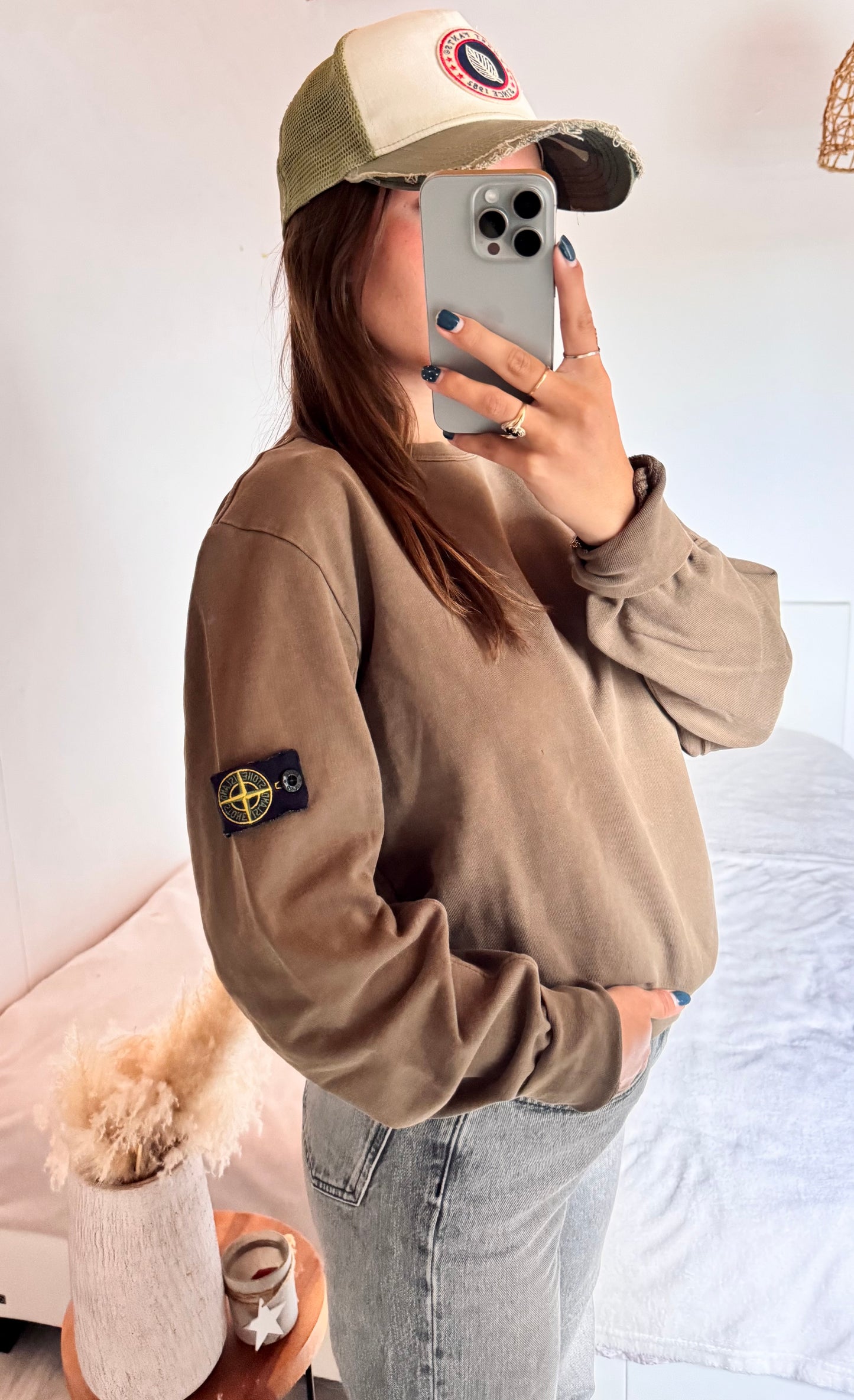 Pull col rond marron Stone Island - M