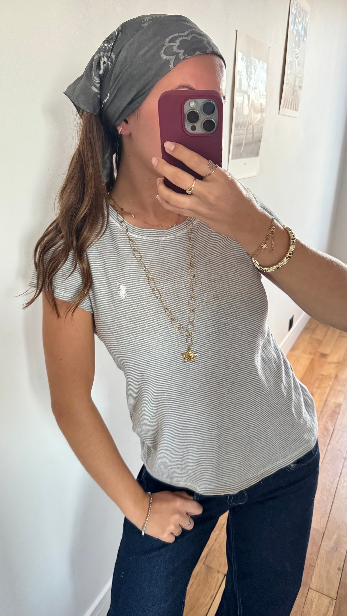 T-shirt gris rayé Ralph Lauren - M