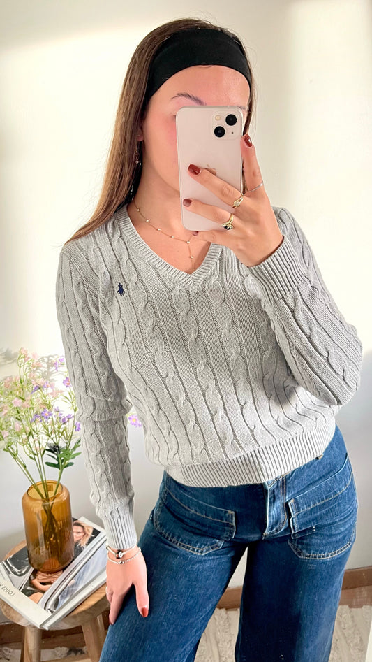 Pull torsadé col V gris Ralph Lauren - S