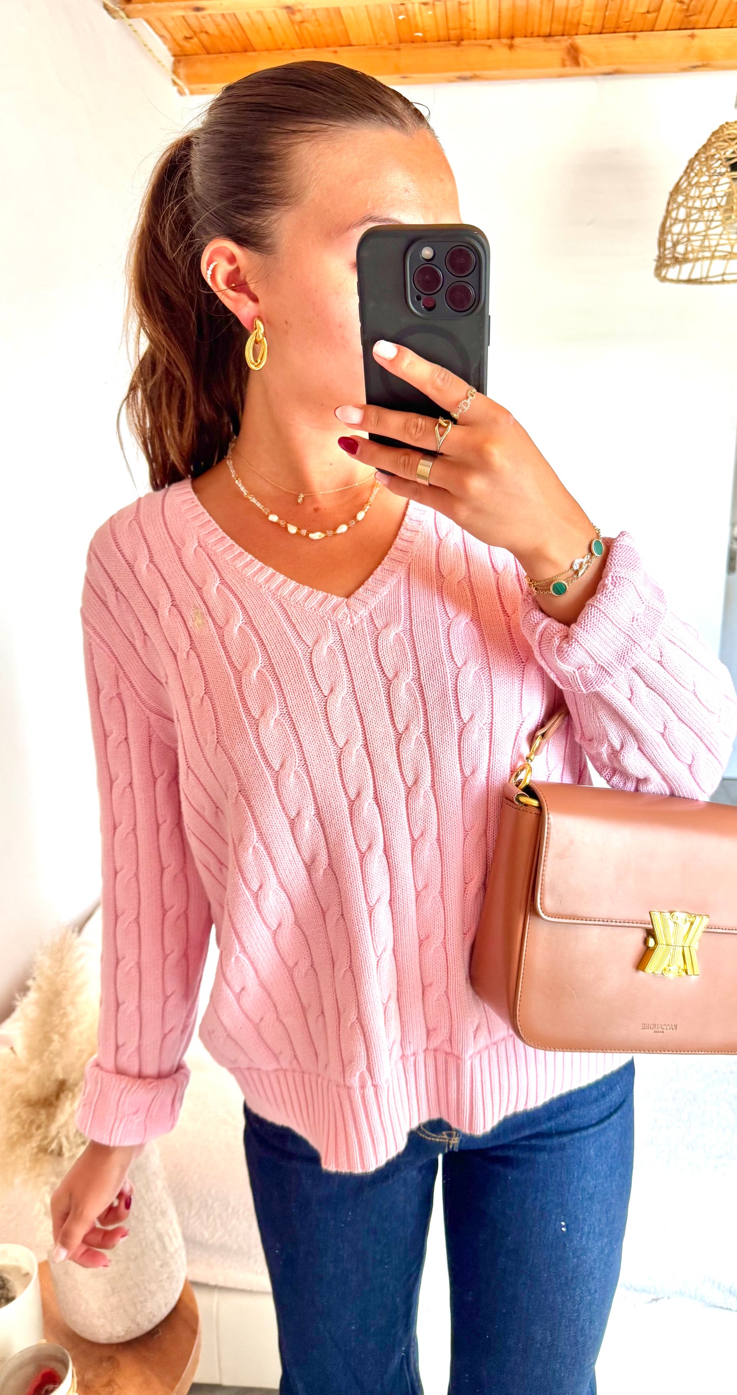 Pull torsadé rose pastel Ralph Lauren - L