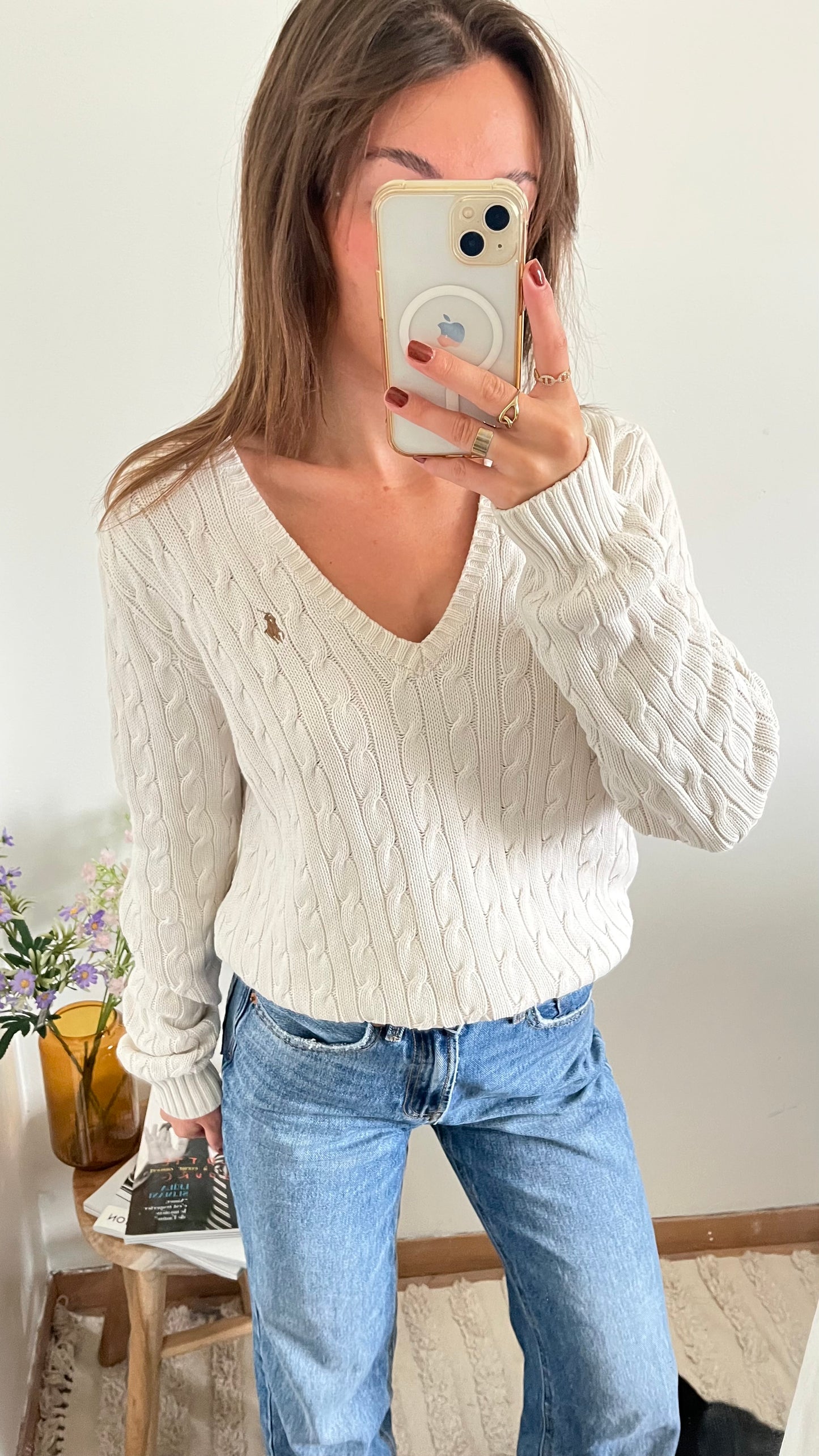 Pull col V torsadé blanc Ralph Lauren - L/XL