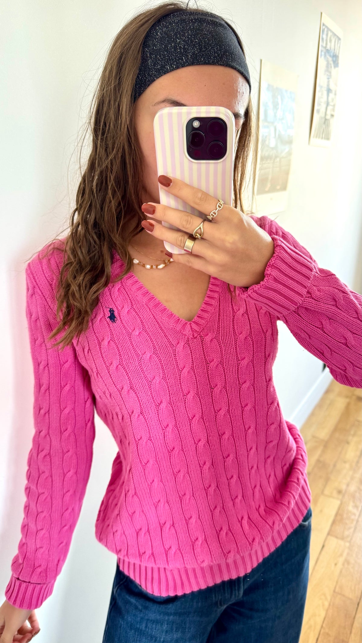 Pull col V torsadé rose Ralph Lauren - M