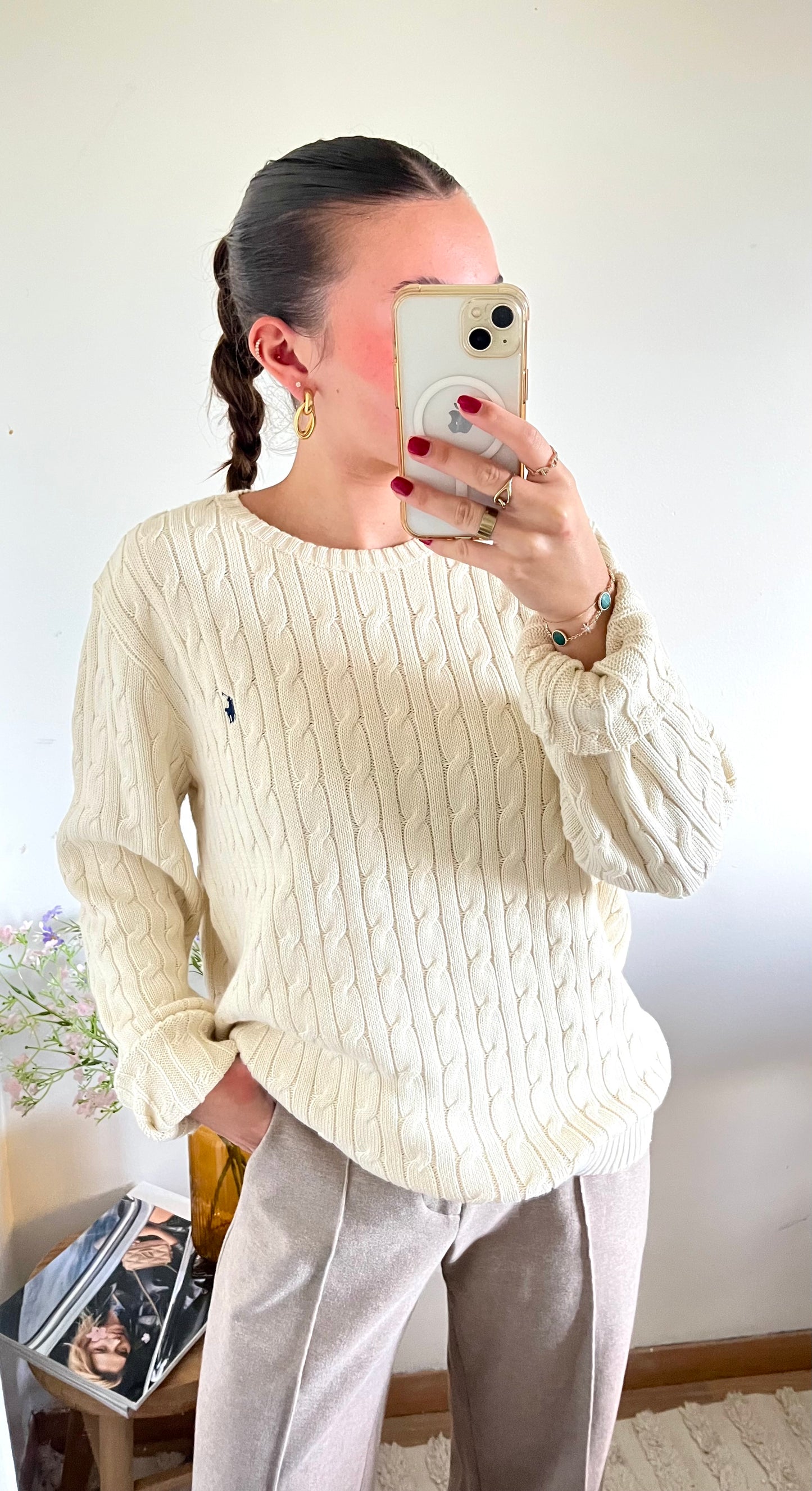 Pull col rond torsadé crème Ralph Lauren - L femme / M homme