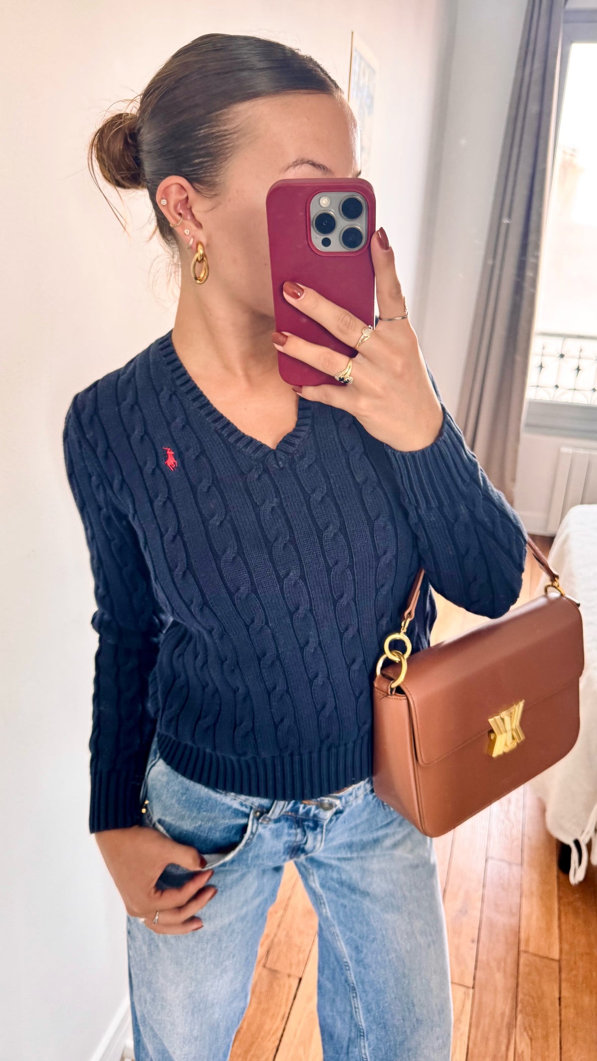 Pull torsadé col V bleu marine Ralph bleu - S