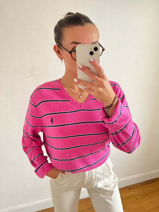Pull col V rayé rose Ralph Lauren - L homme / XL femme