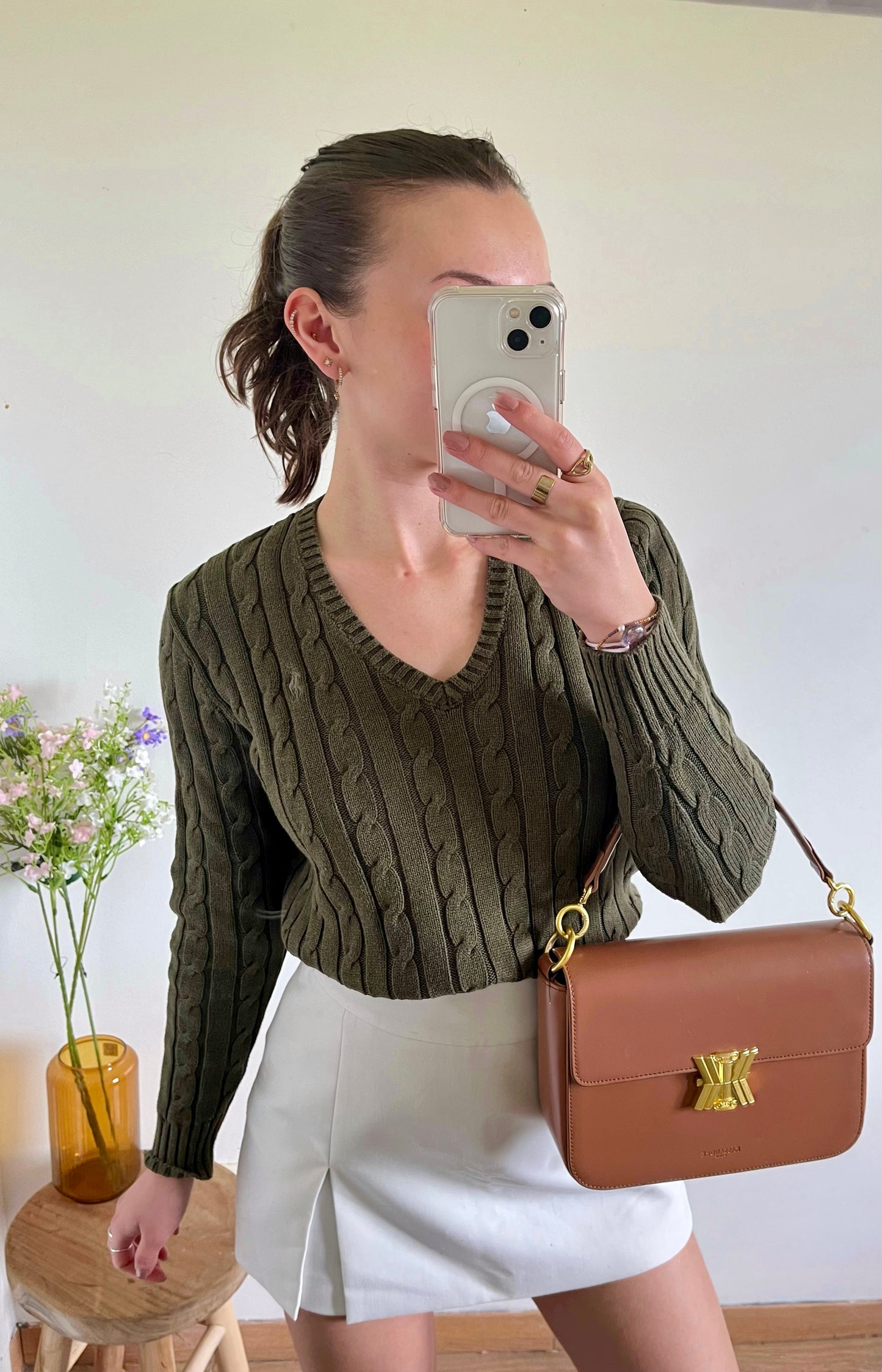 Pull col V torsadé kaki Ralph Lauren - S