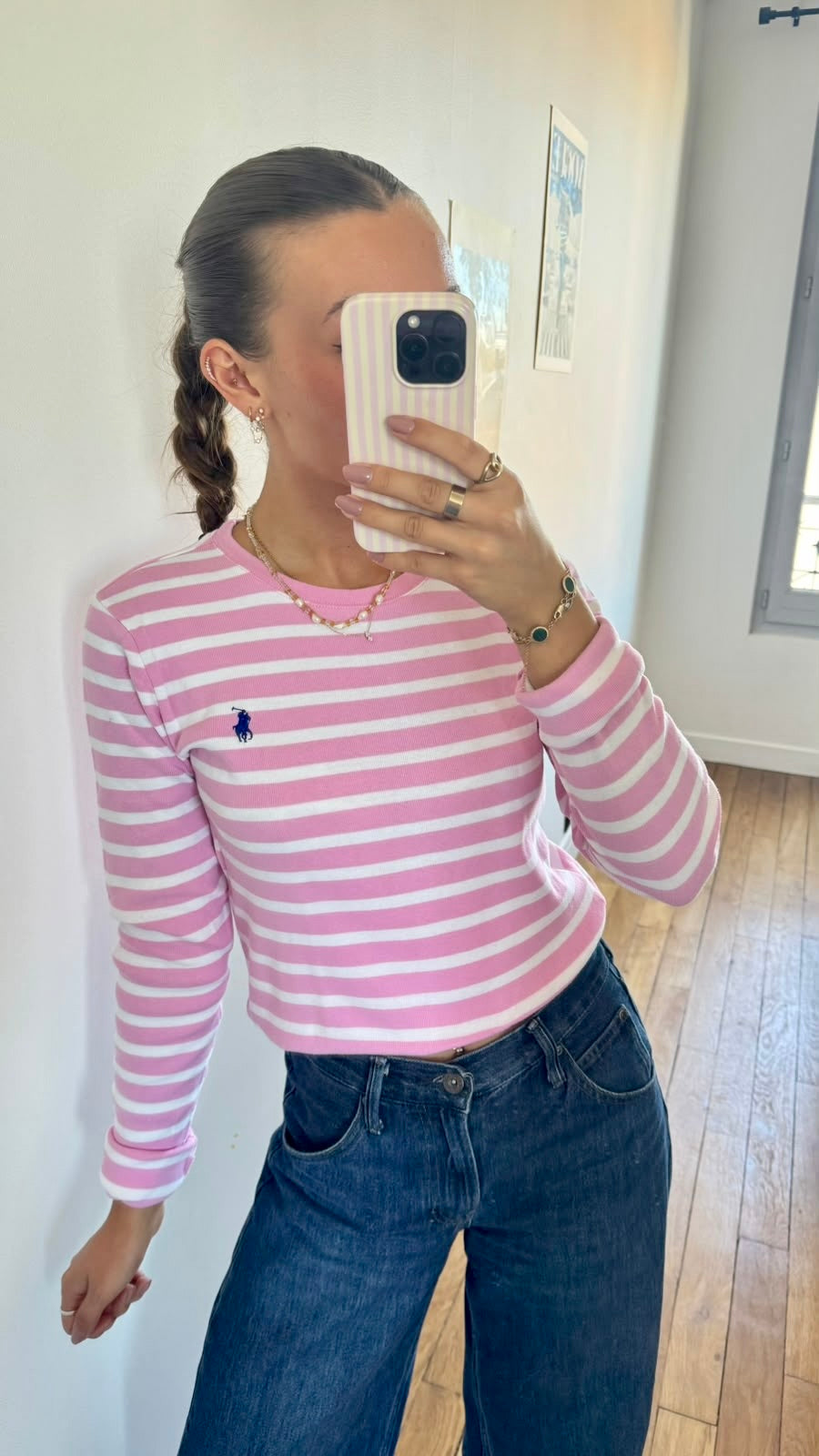 Pull col rond rayé rose Ralph Lauren - M