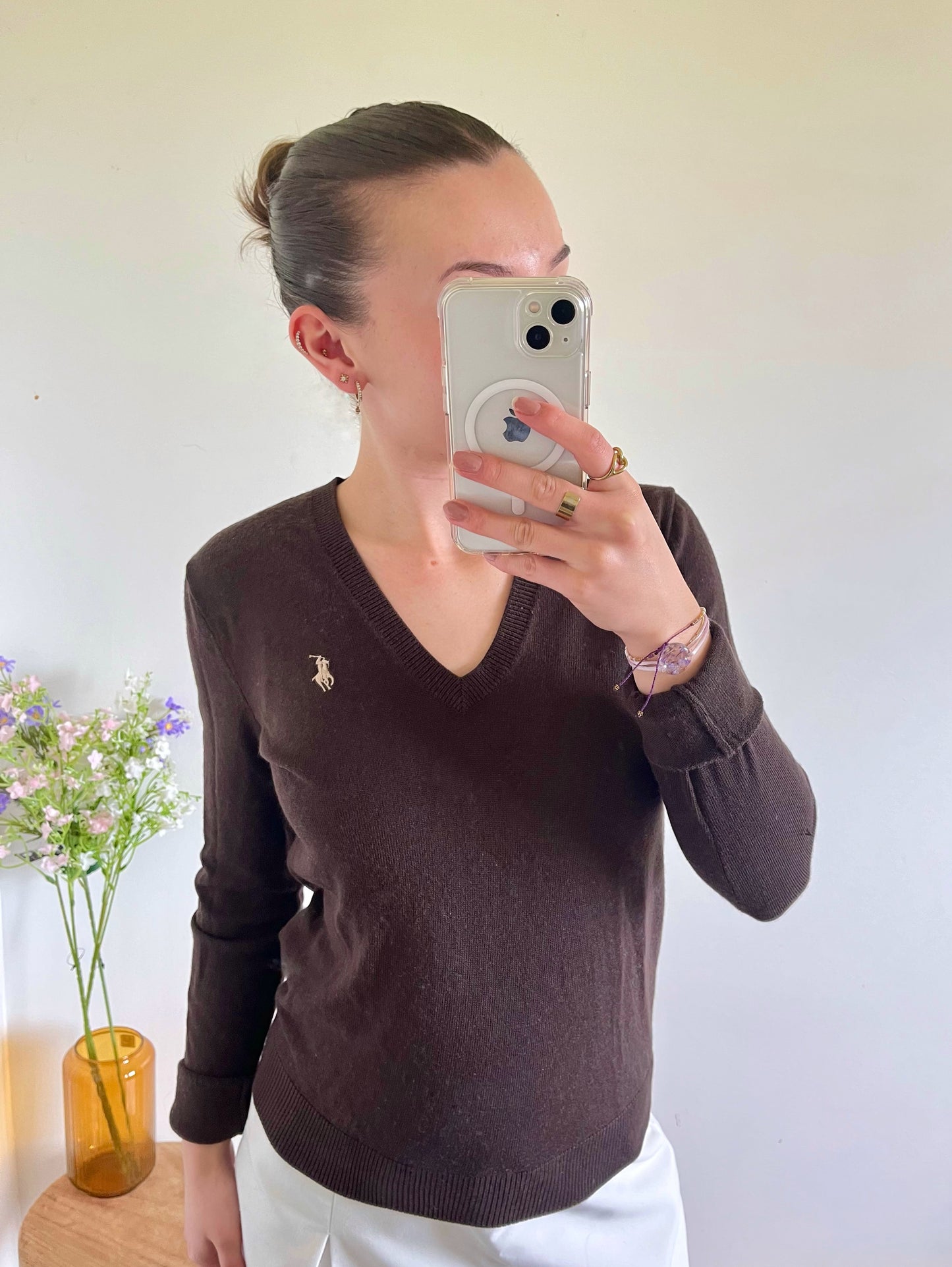 Pull col V marron laine de mérinos Ralph Lauren - S