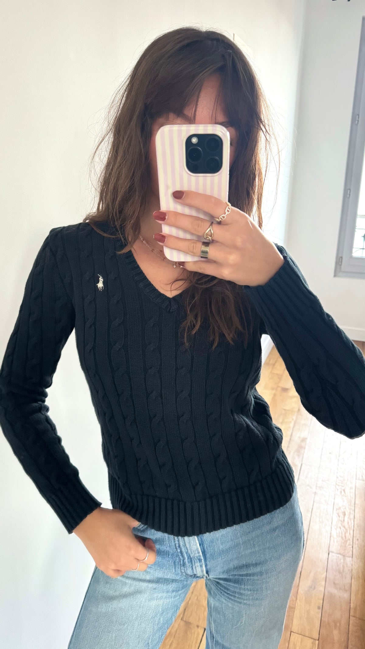 Pull torsadé noir col V Ralph Lauren - XS