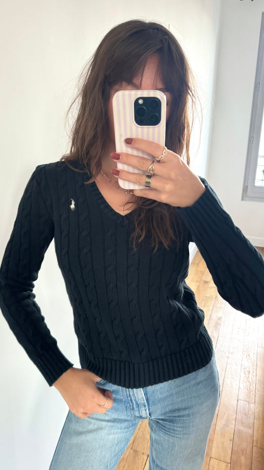 Pull torsadé noir col V Ralph Lauren - XS